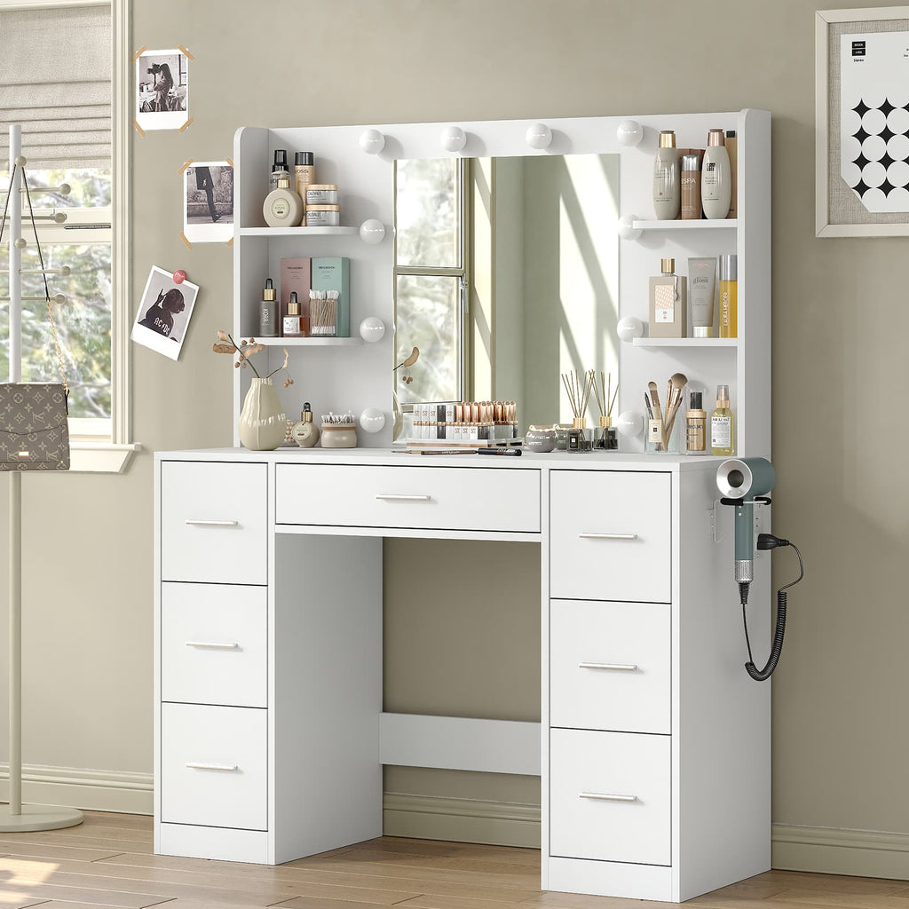 7-Drawer LED Mirror Vanity Desk with Charging Station