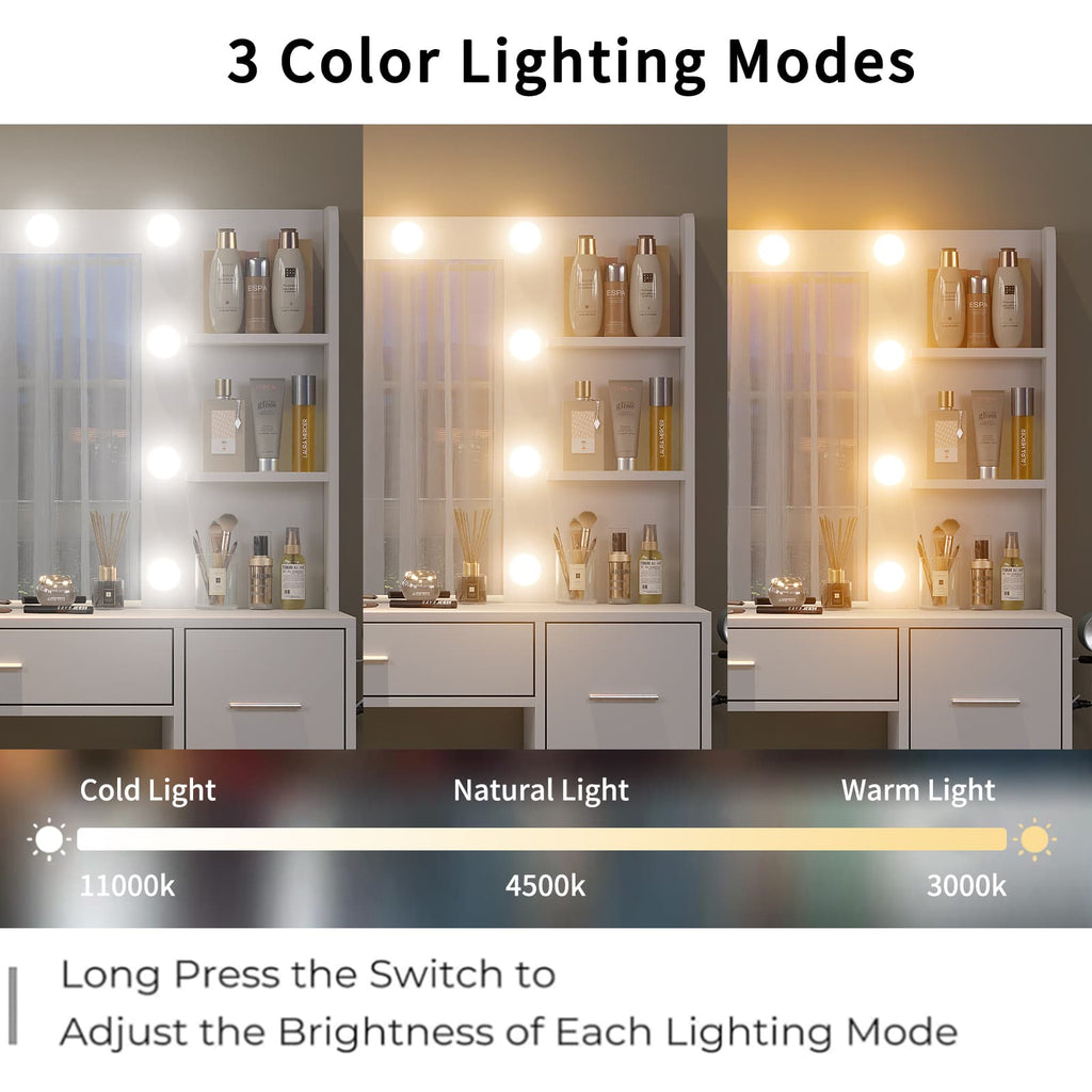 7-Drawer LED Mirror Vanity Desk with Charging Station