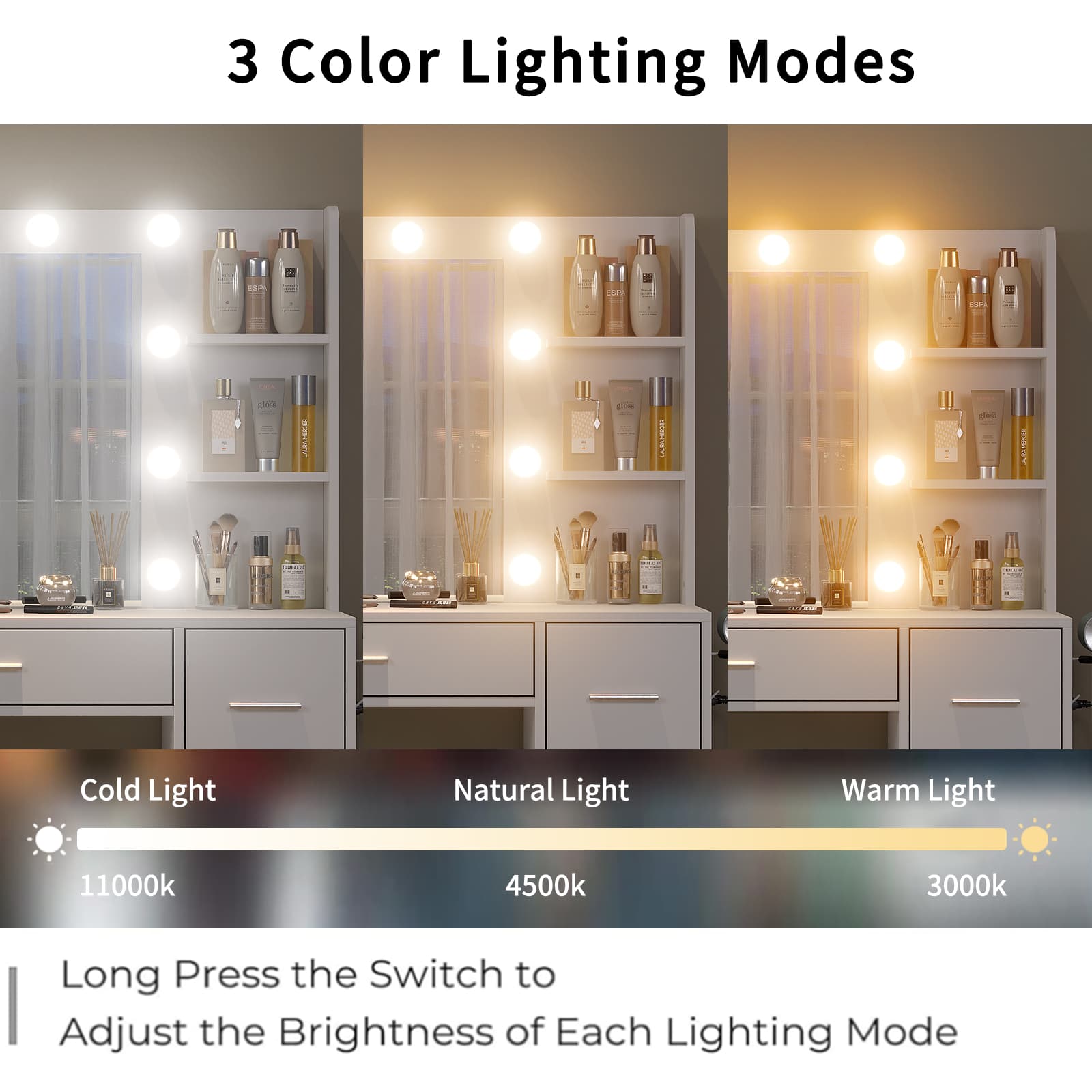 7-Drawer LED Mirror Vanity Desk with Charging Station