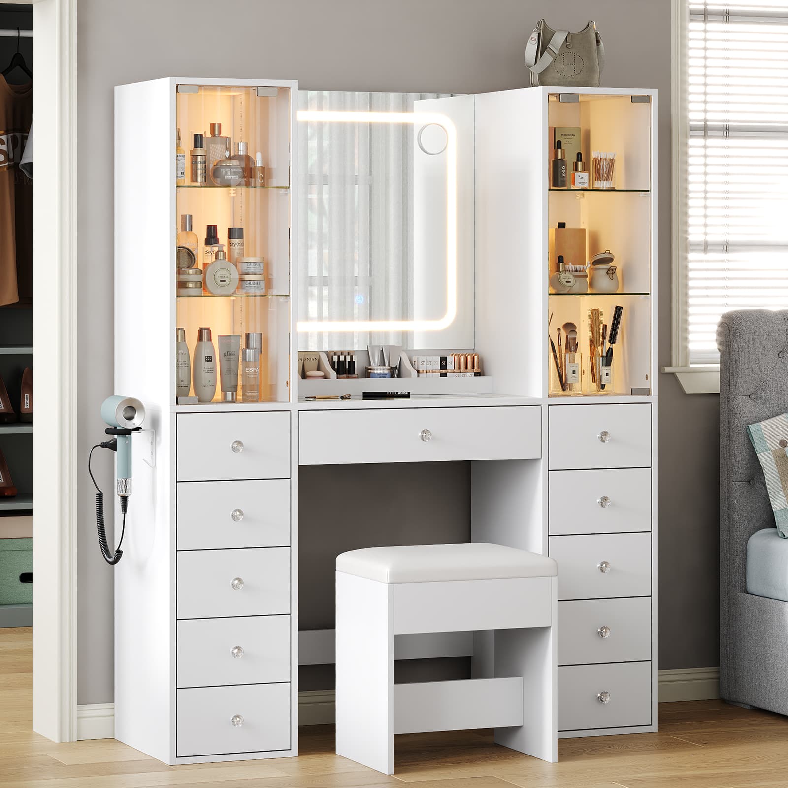 11-Drawer Mirror Vanity Desk