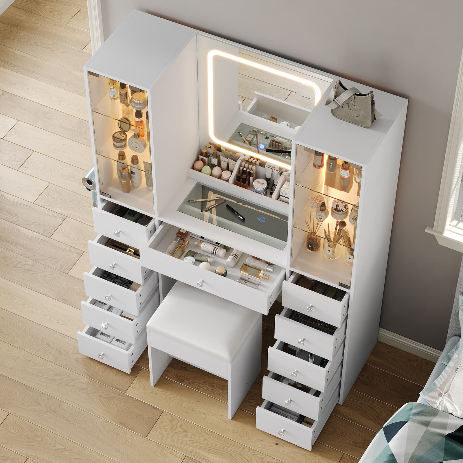 11-Drawer Mirror Vanity Desk