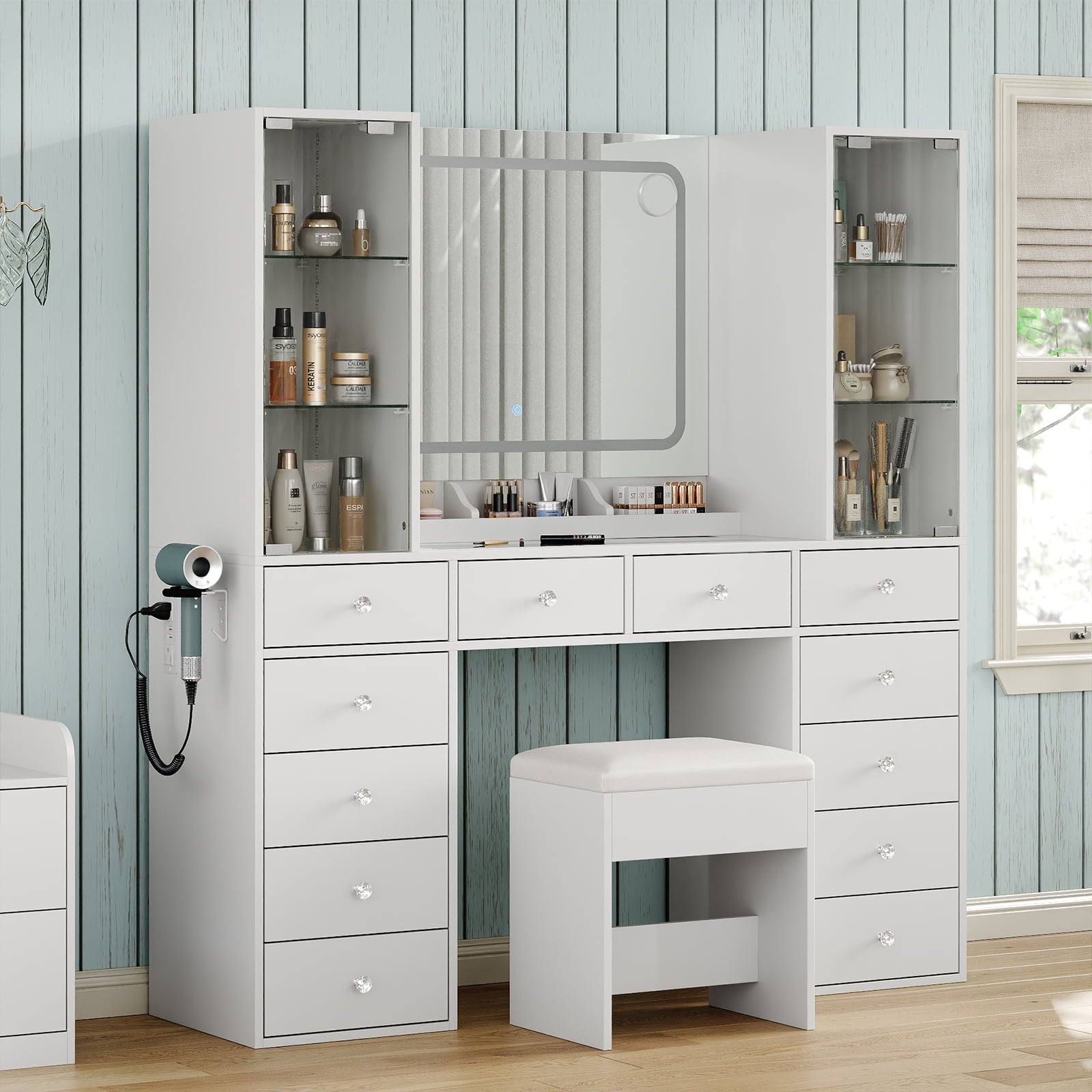 12-Drawer Mirror Vanity Desk