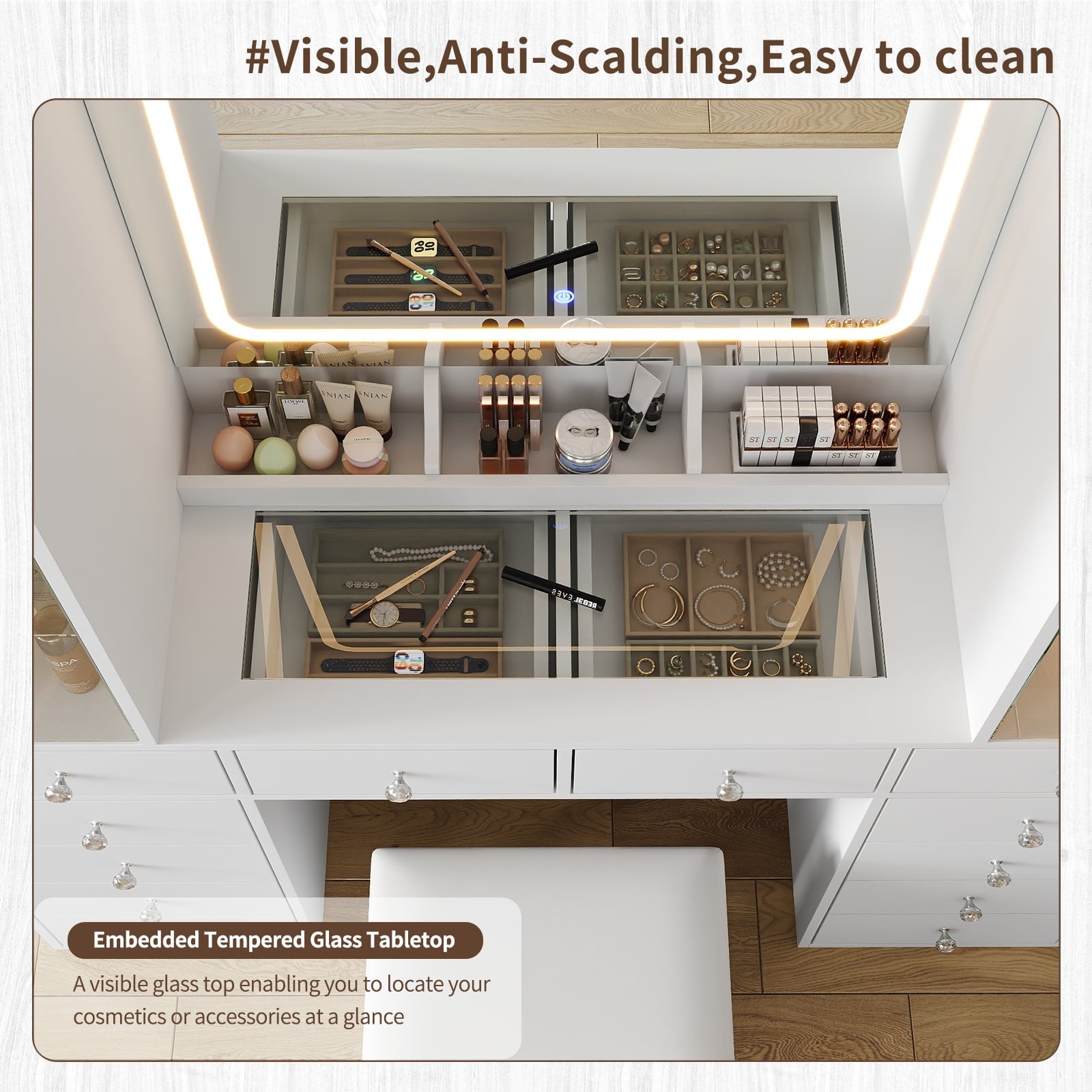 12-Drawer Mirror Vanity Desk
