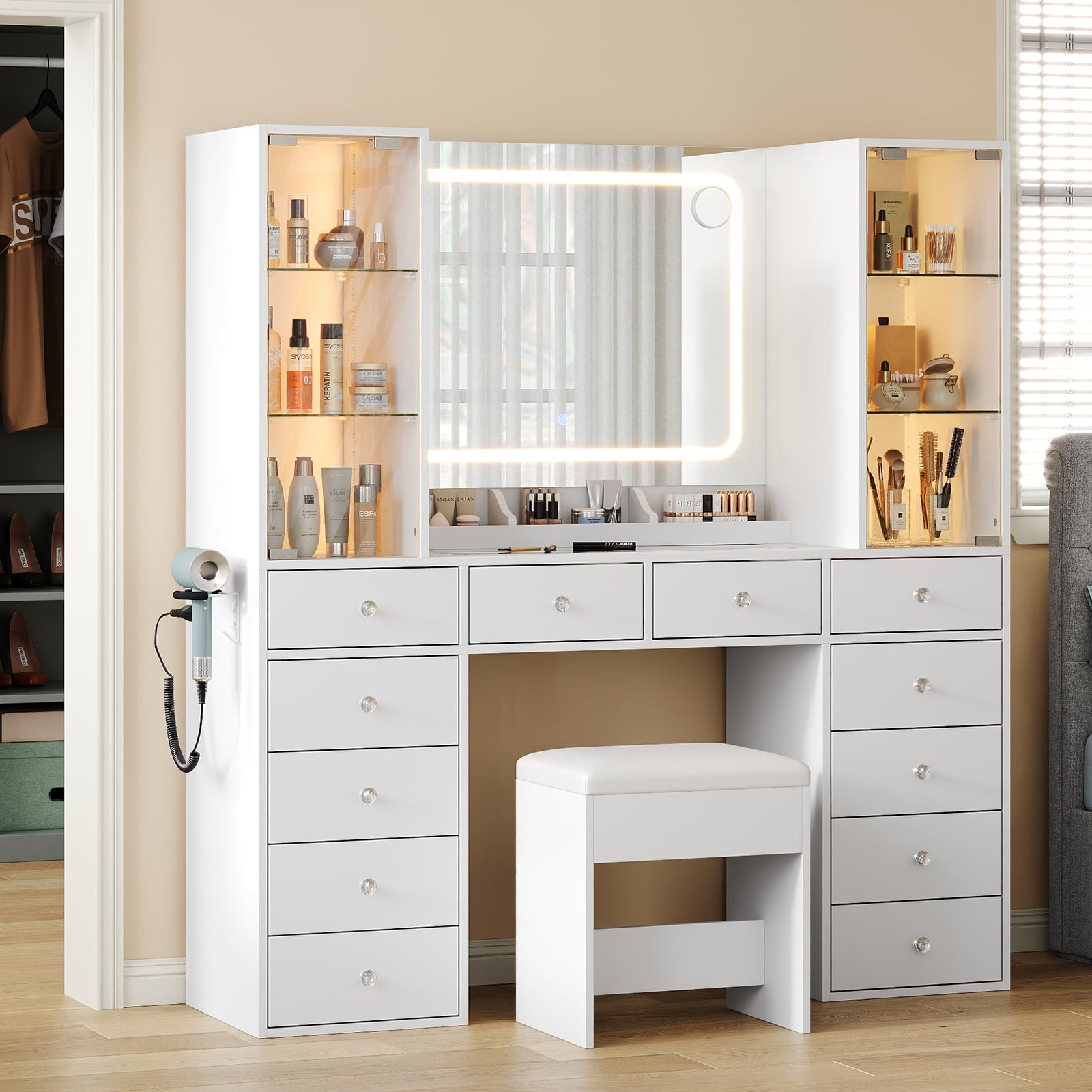12-Drawer Mirror Vanity Desk