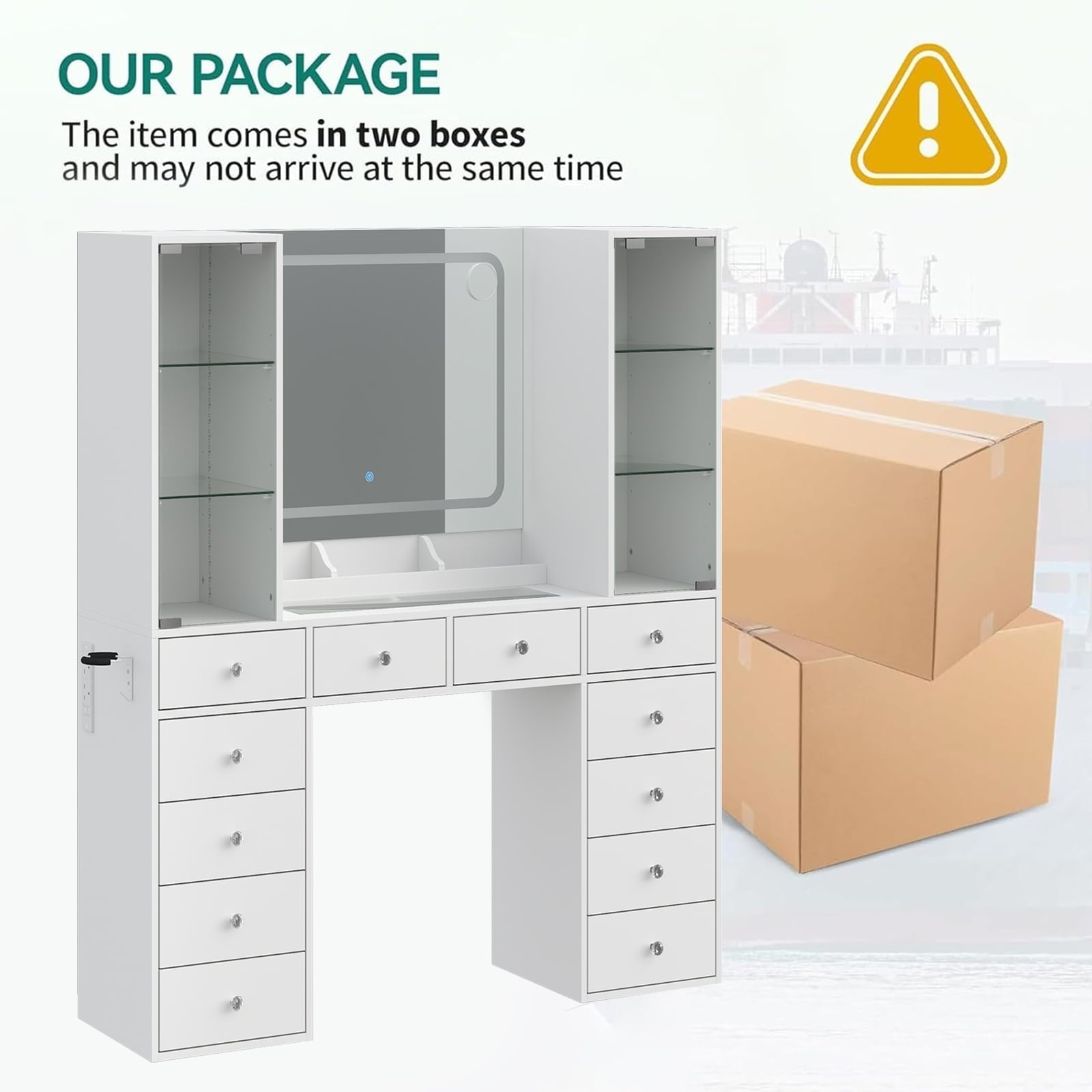 12-Drawer Mirror Vanity Desk