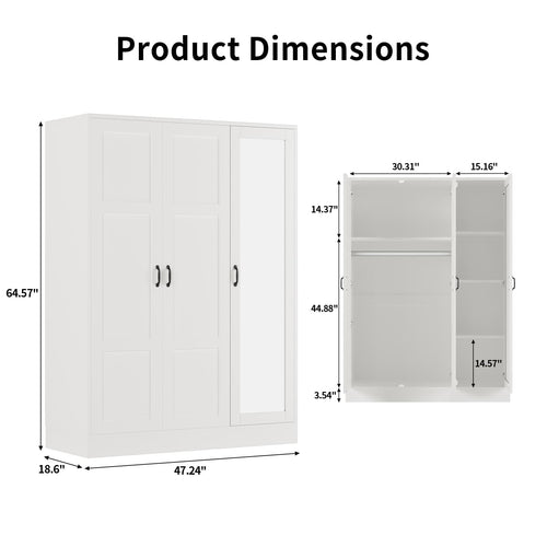 Modern 3-Door Wardrobe Armoire with Mirror, Shelves & Hanging Rod, White