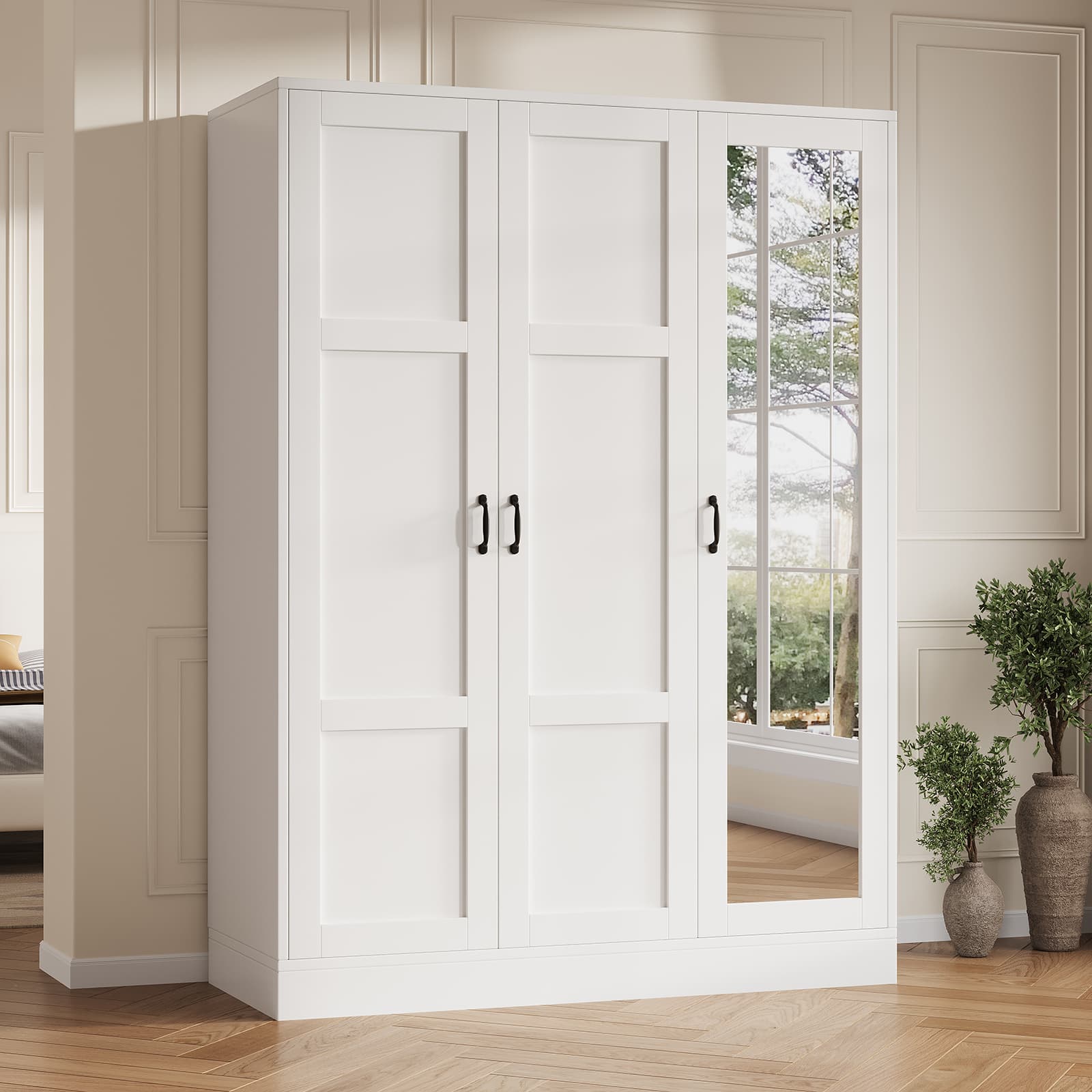 Modern 3-Door Wardrobe Armoire with Mirror, Shelves & Hanging Rod, White