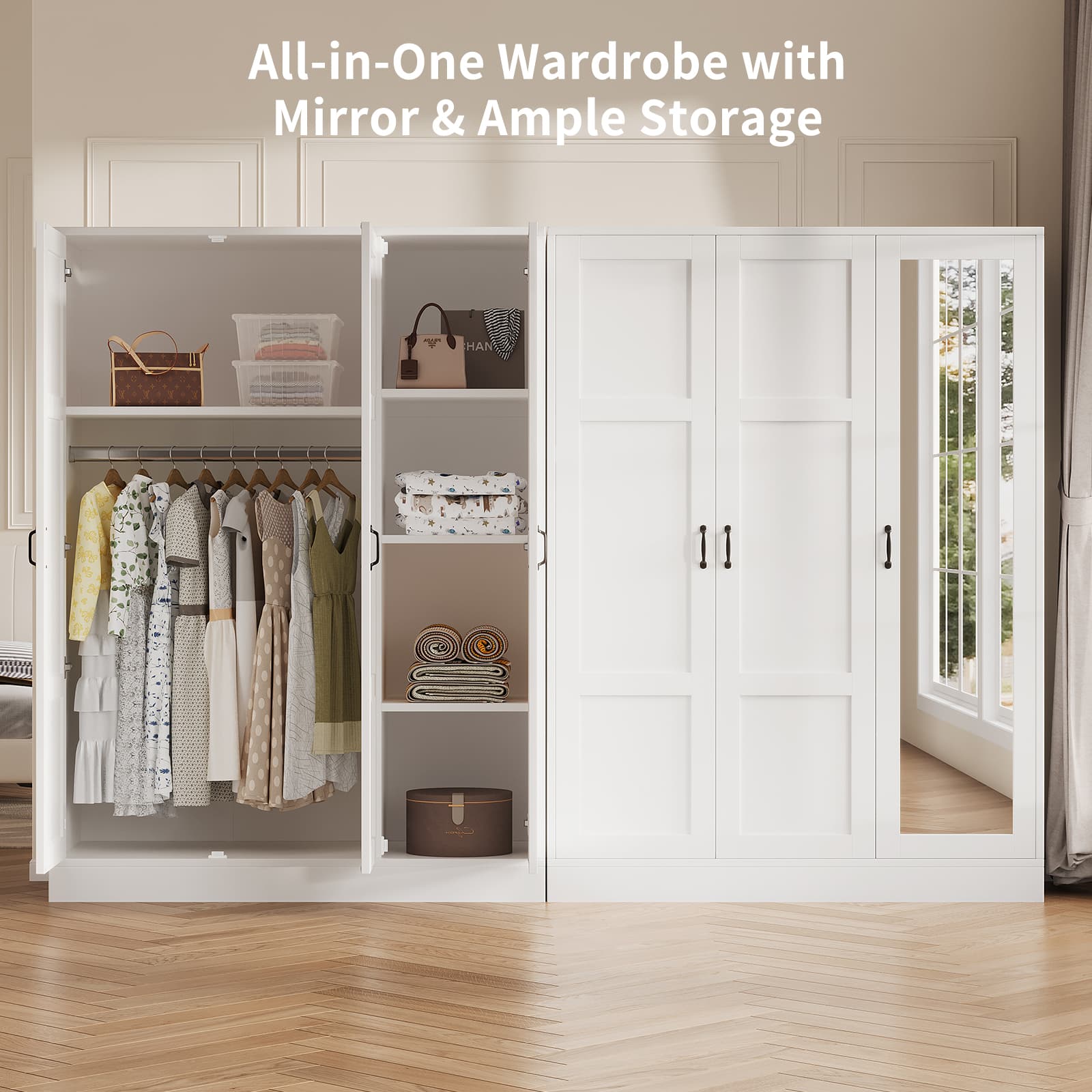 Modern 3-Door Wardrobe Armoire with Mirror, Shelves & Hanging Rod, White