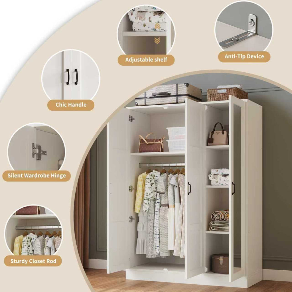 Modern 3-Door Wardrobe Armoire with Mirror, Shelves & Hanging Rod, White