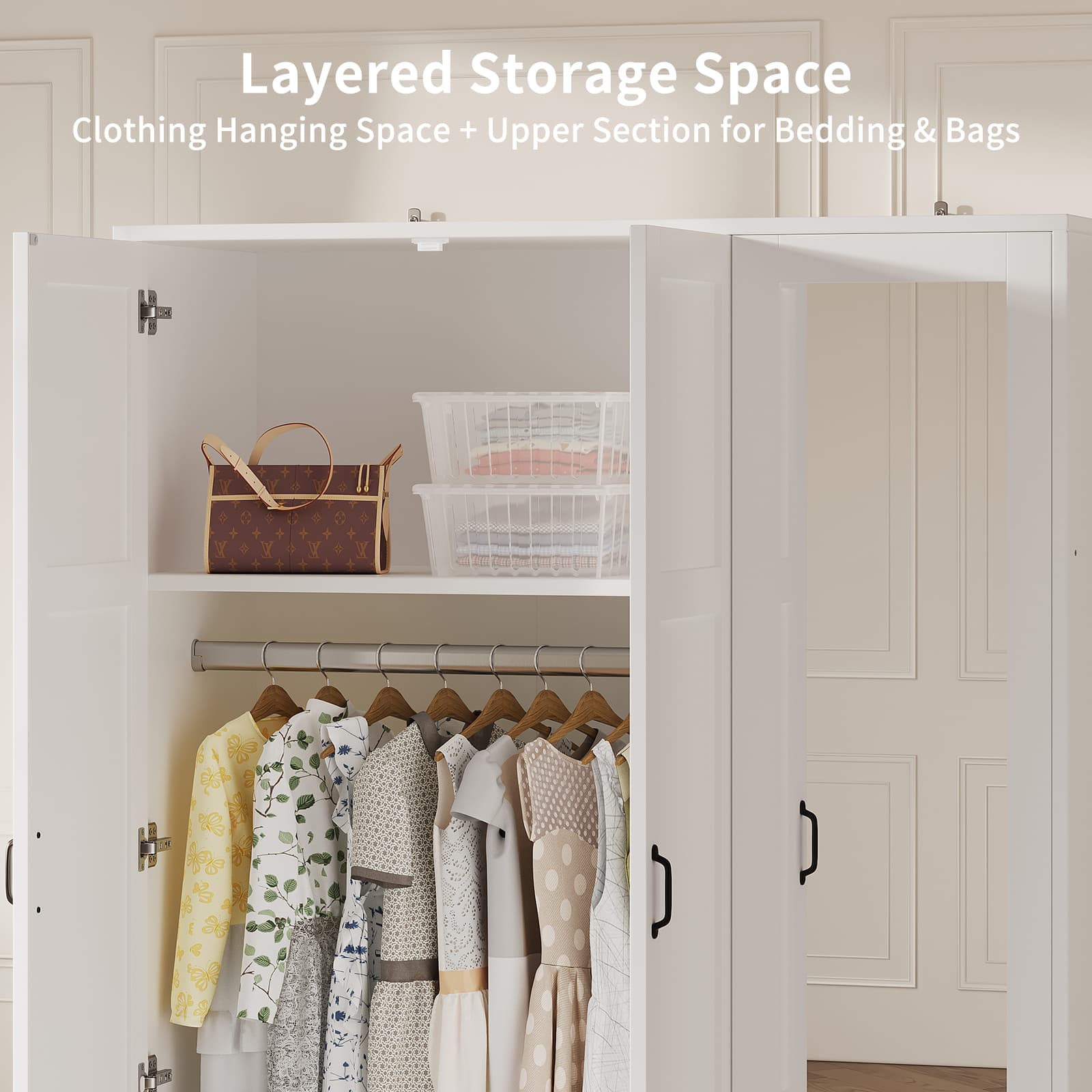 Modern 3-Door Wardrobe Armoire with Mirror, Shelves & Hanging Rod, White