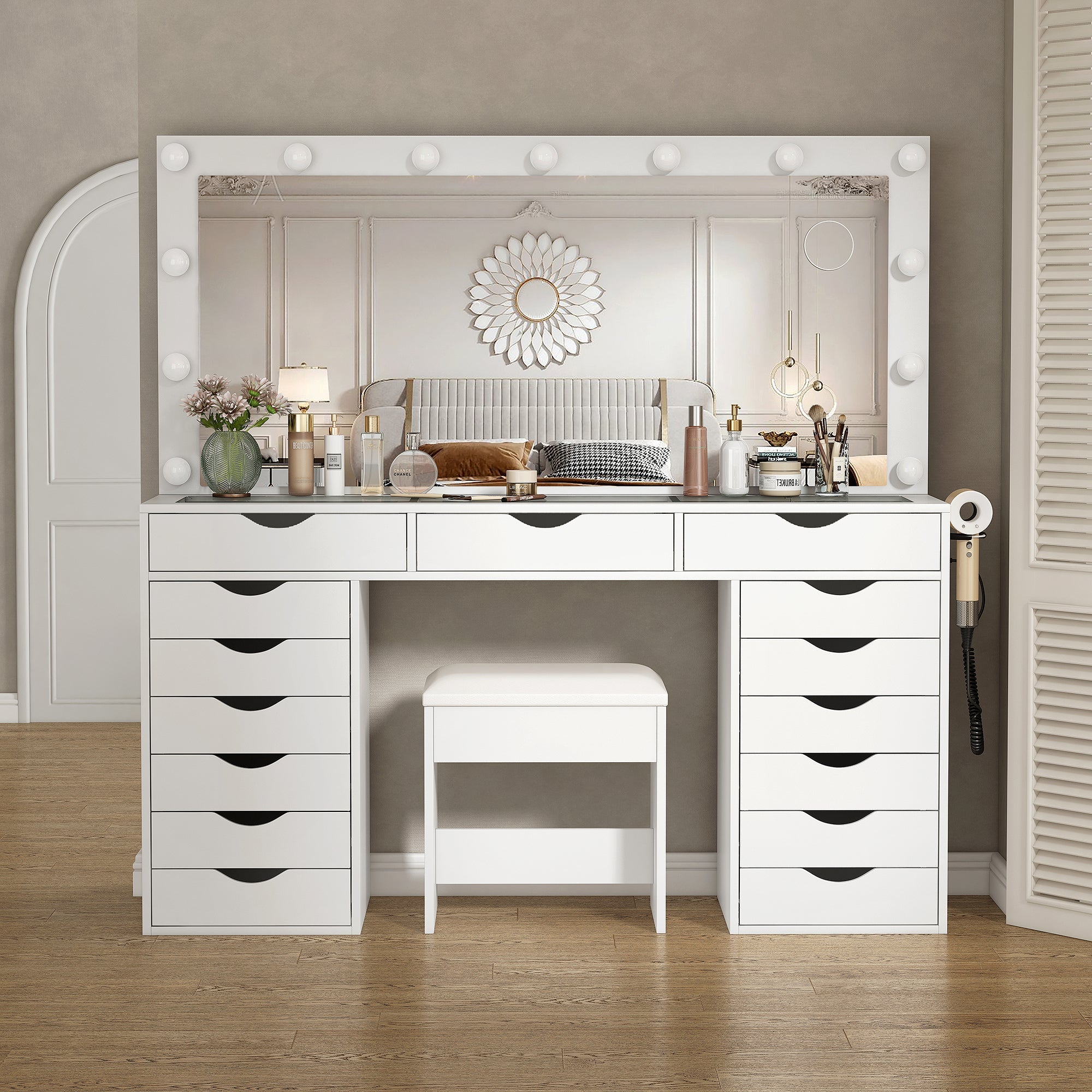 Yanosaku 55'' Modern White Makeup Vanity Set Table with Stool & LED Mirror 15 Drawers Luxury - Yanosaku SotreFurnitureVD008 - WH