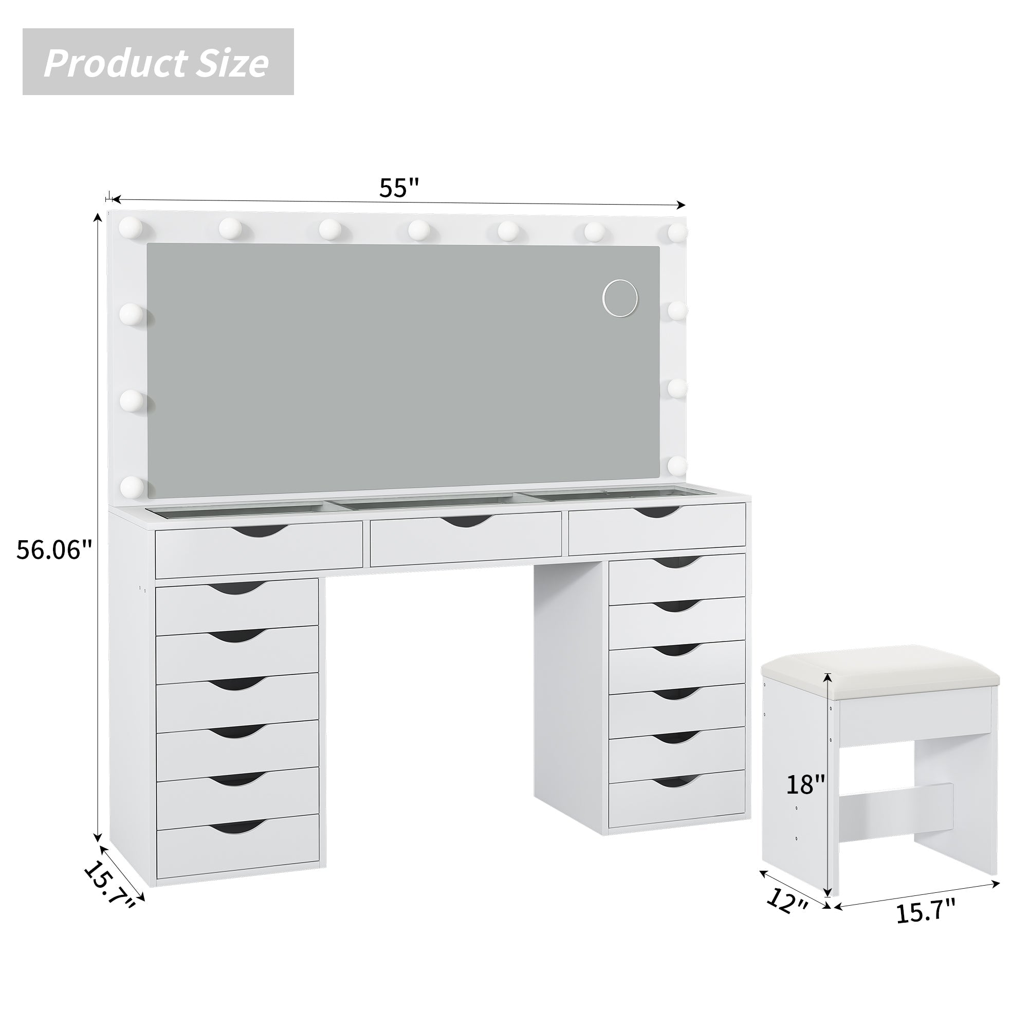 Yanosaku 55'' Modern White Makeup Vanity Set Table with Stool & LED Mirror 15 Drawers Luxury - Yanosaku SotreFurnitureVD008 - WH
