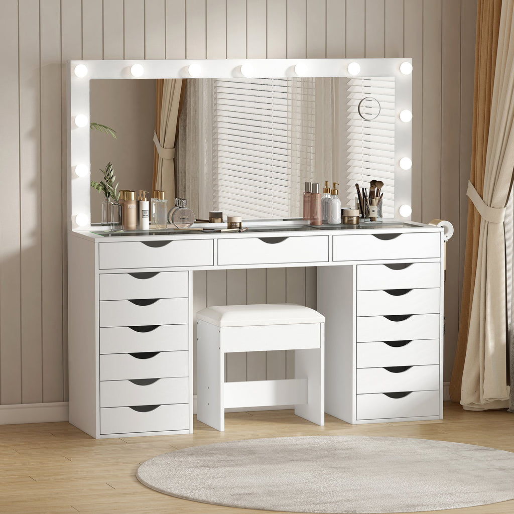 Yanosaku 55'' Modern White Makeup Vanity Set Table with Stool & LED Mirror 15 Drawers Luxury - Yanosaku SotreFurnitureVD008 - WH
