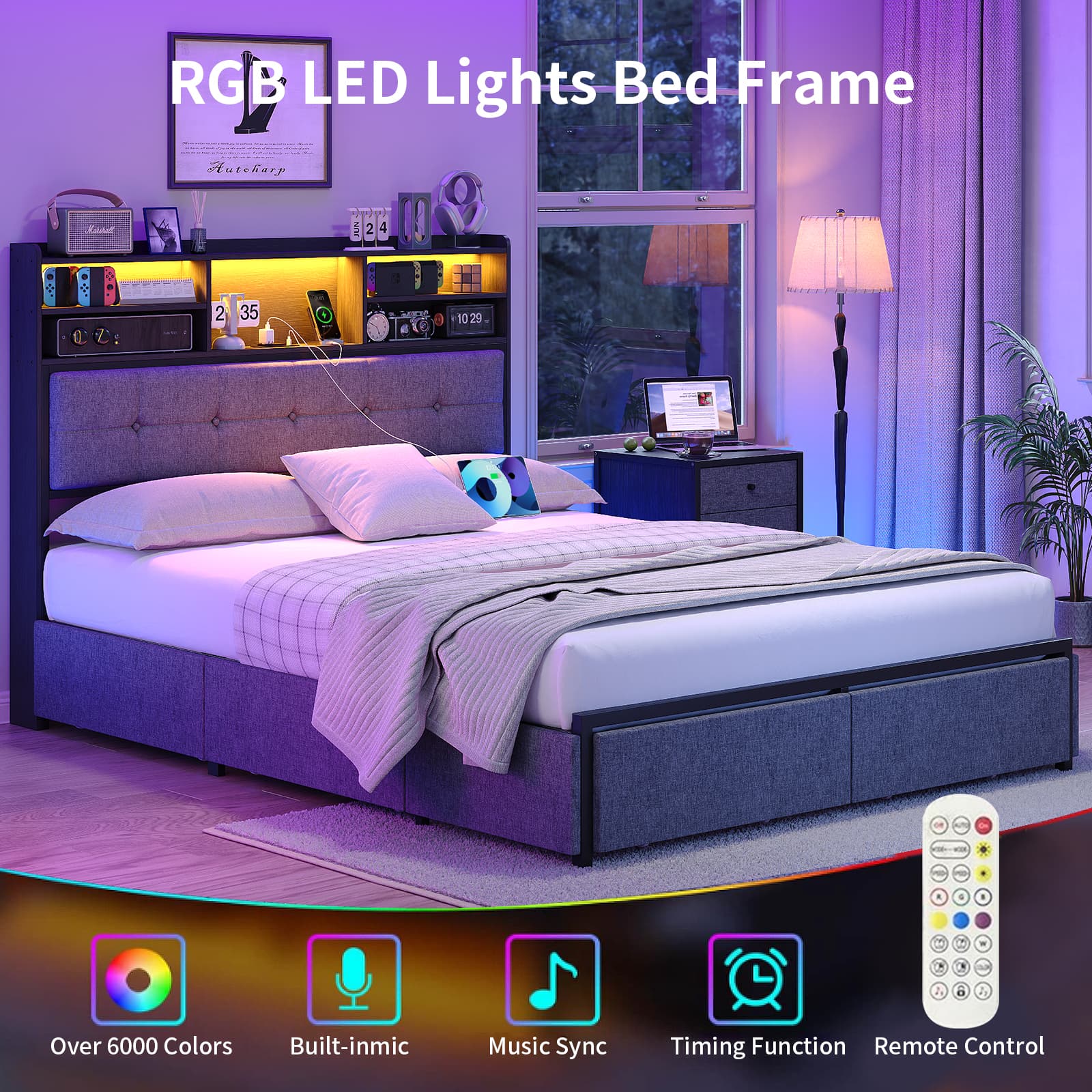 Yanosaku BF011 - BL Full/Queen/King Bed Frame with 6 Drawers, Easy Assembly, USB Charging, LED Headboard, No Box Spring Needed - Yanosaku SotreFurniture