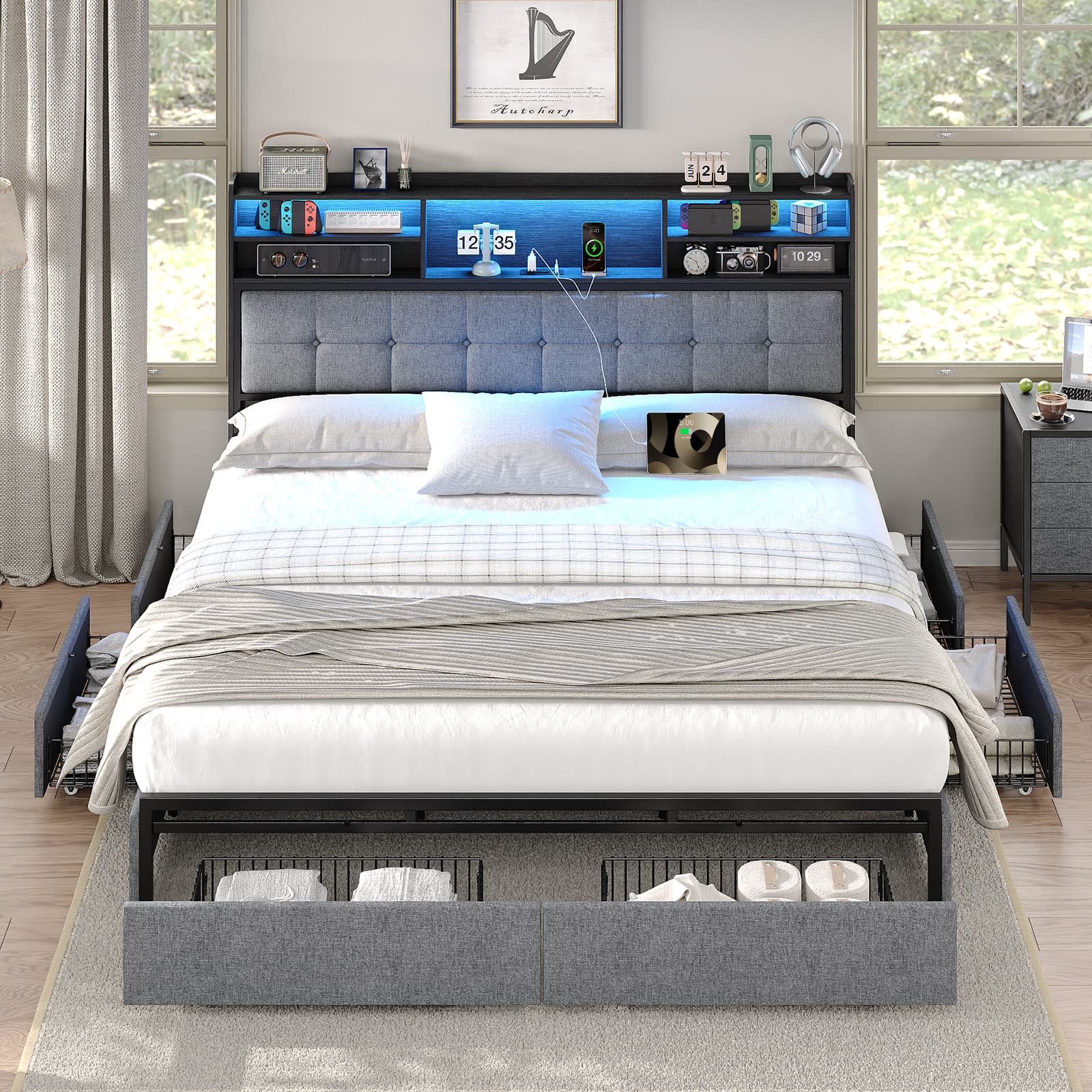 Yanosaku BF011 - BL Full/Queen/King Bed Frame with 6 Drawers, Easy Assembly, USB Charging, LED Headboard, No Box Spring Needed - Yanosaku SotreFurniture