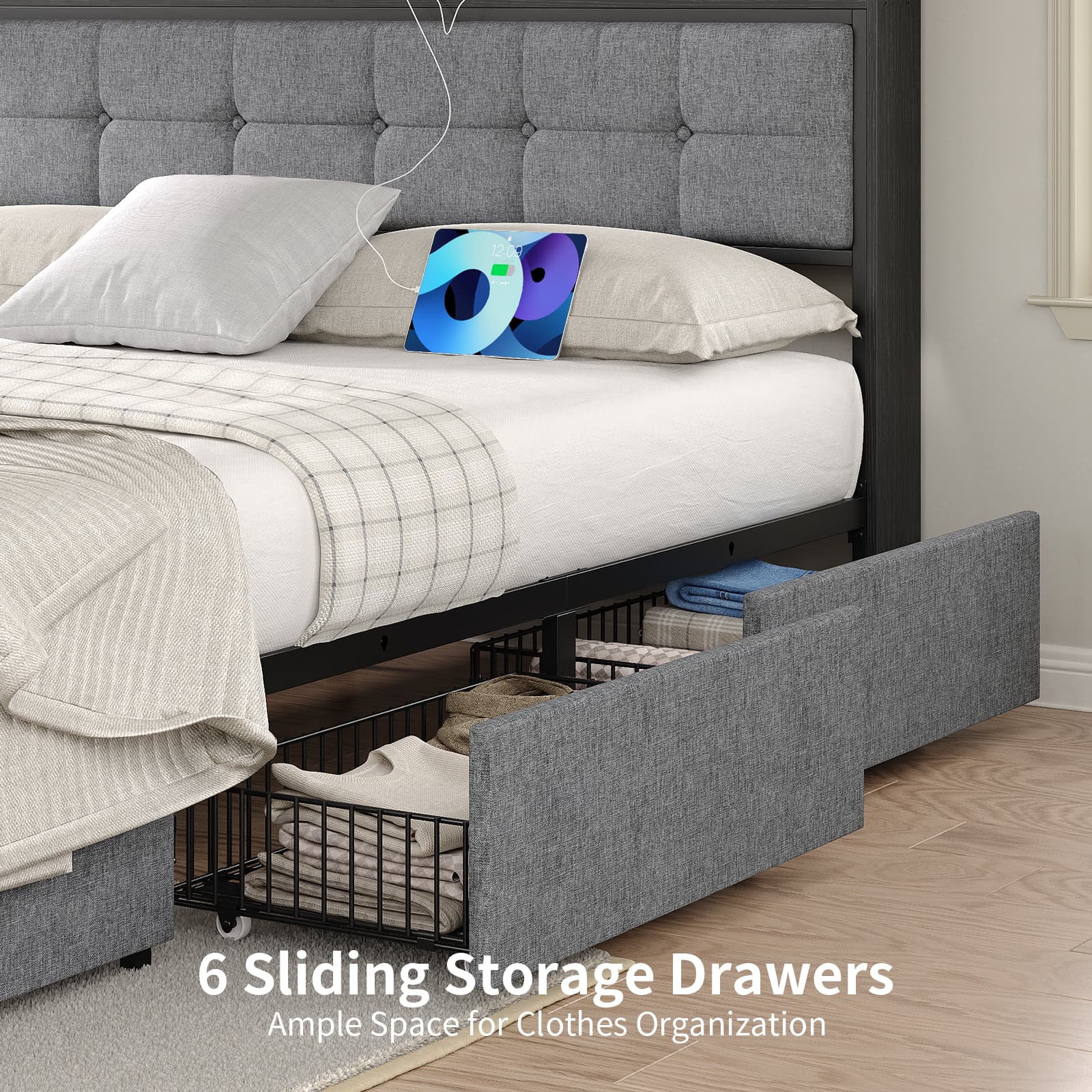 Yanosaku BF011 - BL Full/Queen/King Bed Frame with 6 Drawers, Easy Assembly, USB Charging, LED Headboard, No Box Spring Needed - Yanosaku SotreFurniture