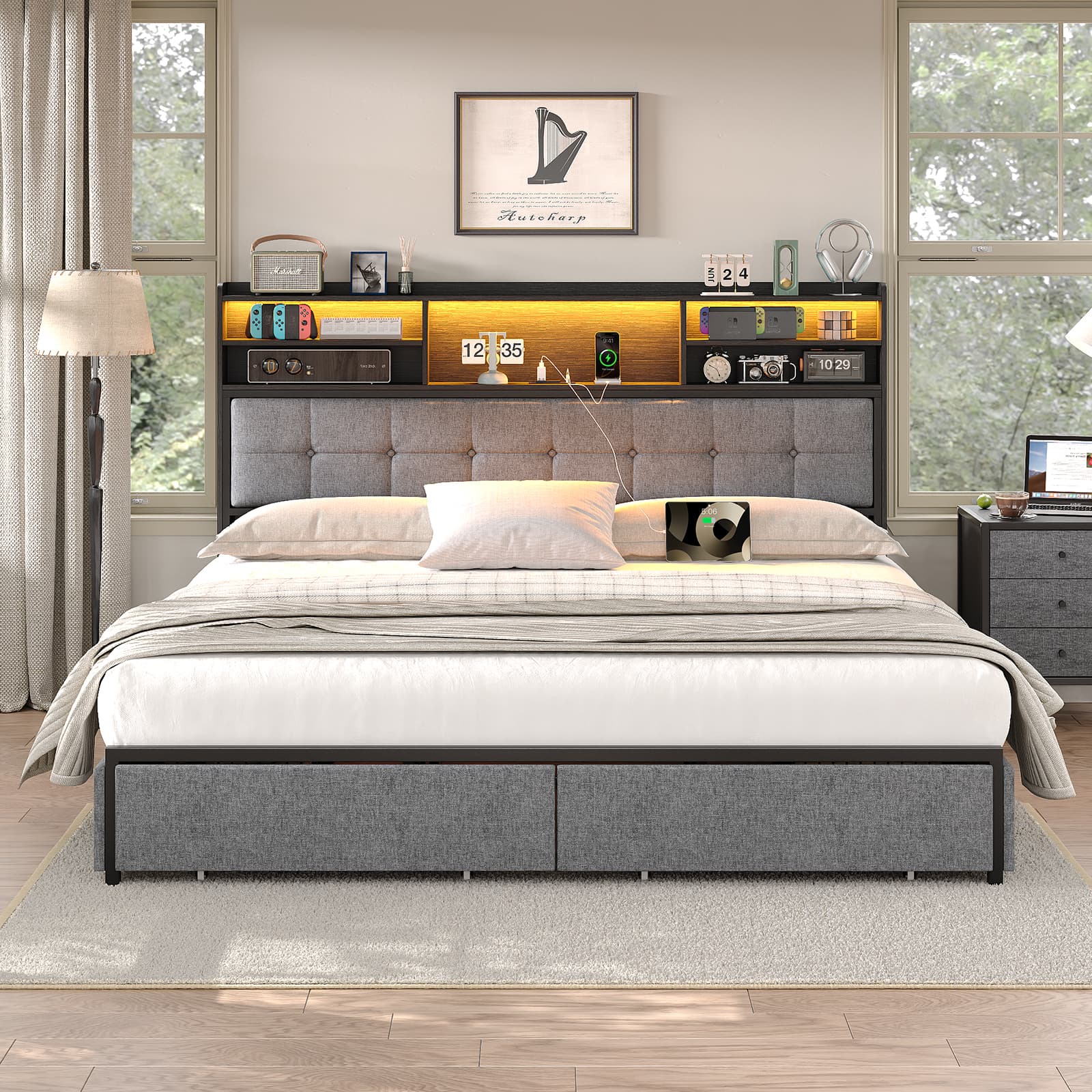 Yanosaku BF011 - BL Full/Queen/King Bed Frame with 6 Drawers, Easy Assembly, USB Charging, LED Headboard, No Box Spring Needed - Yanosaku SotreFurniture