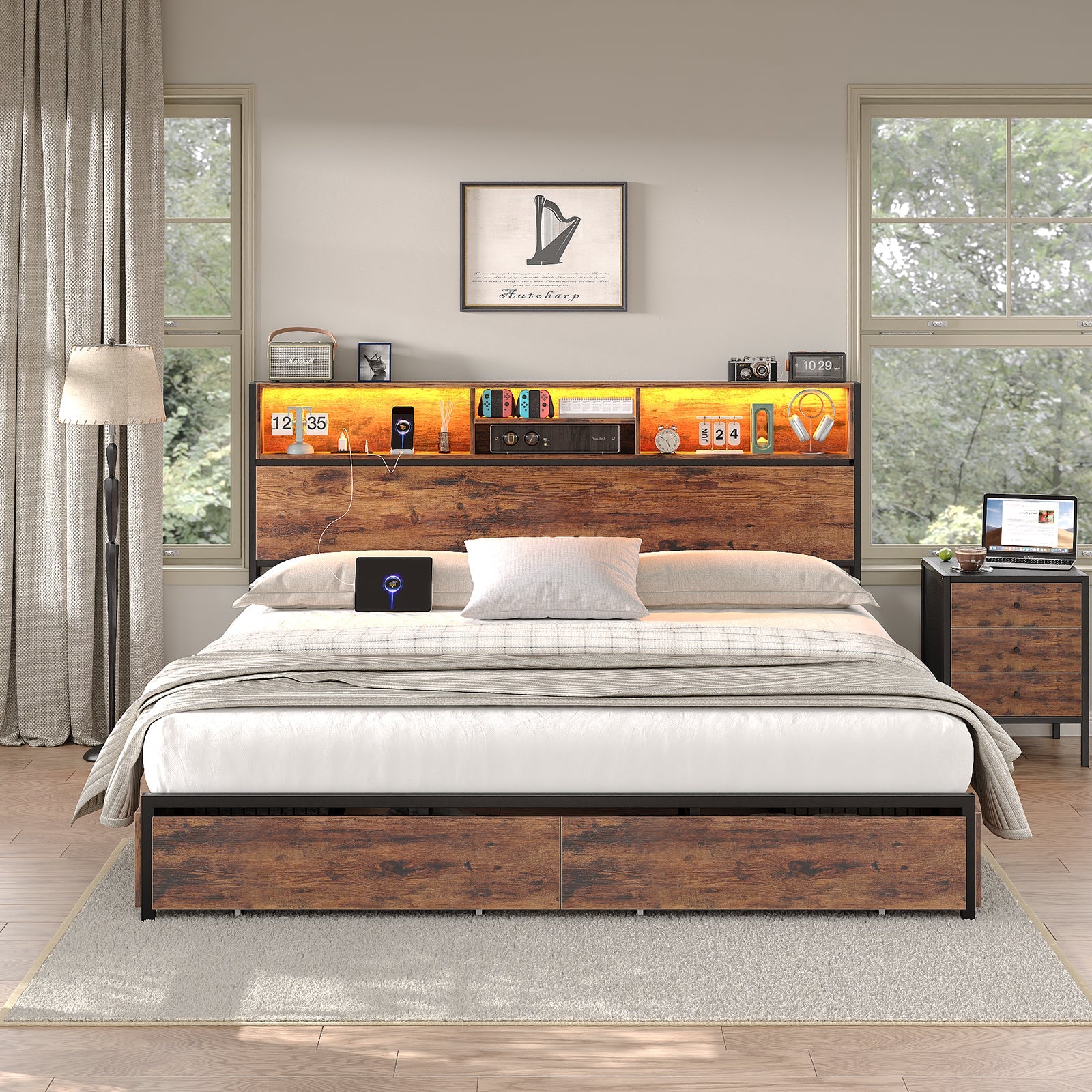 Yanosaku BF012 - BR Full/Queen/King Bed Frame with LED Headboard, Charging Ports, 6 Storage Drawers, Shelf, Easy Assembly, No Box Spring Needed - Yanosaku SotreFurnitureBF012-BR-3