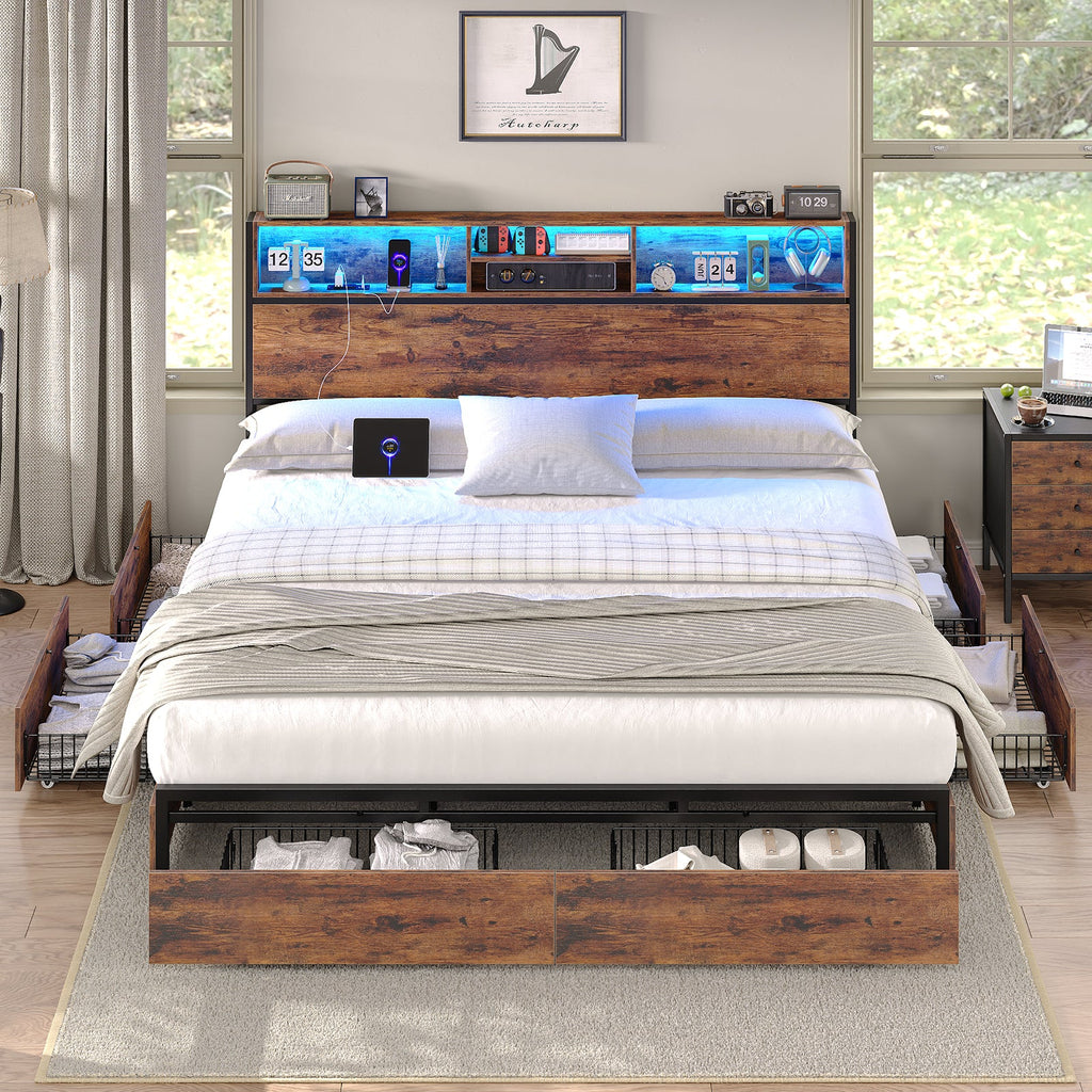 Yanosaku BF012 - BR Full/Queen/King Bed Frame with LED Headboard, Charging Ports, 6 Storage Drawers, Shelf, Easy Assembly, No Box Spring Needed - Yanosaku SotreFurnitureBF012-BR-3