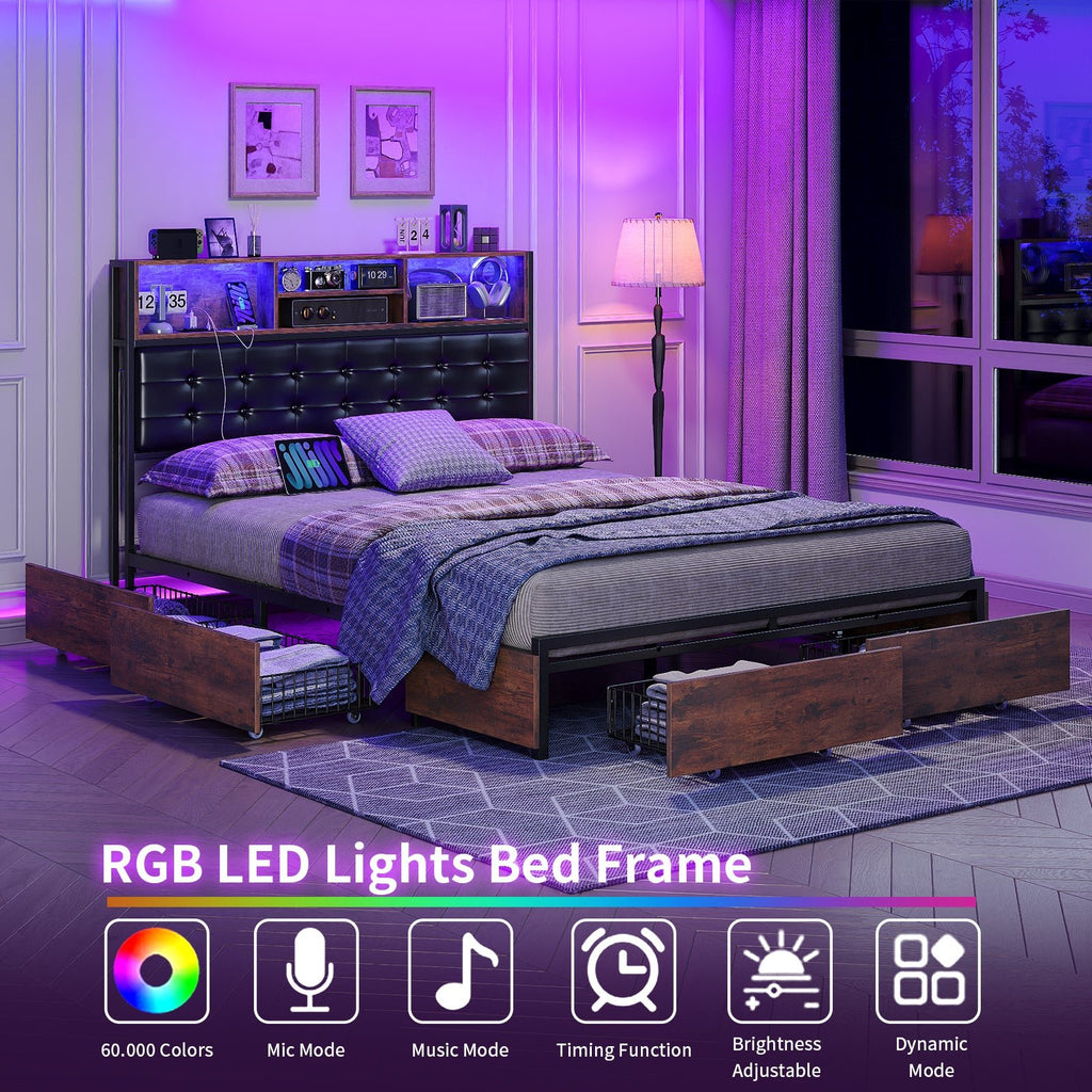 Yanosaku BF013 - BR Full/Queen/King Bed Frame with RGB LED Headboard, Charging, 6 Drawers, Upholstered, Heavy - Duty, Easy Assembly, No Box Spring - Yanosaku SotreFurnitureBF013-BR-3