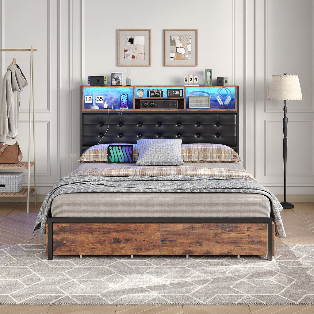 Yanosaku BF013 - BR Full/Queen/King Bed Frame with RGB LED Headboard, Charging, 6 Drawers, Upholstered, Heavy - Duty, Easy Assembly, No Box Spring - Yanosaku SotreFurnitureBF013-BR-1