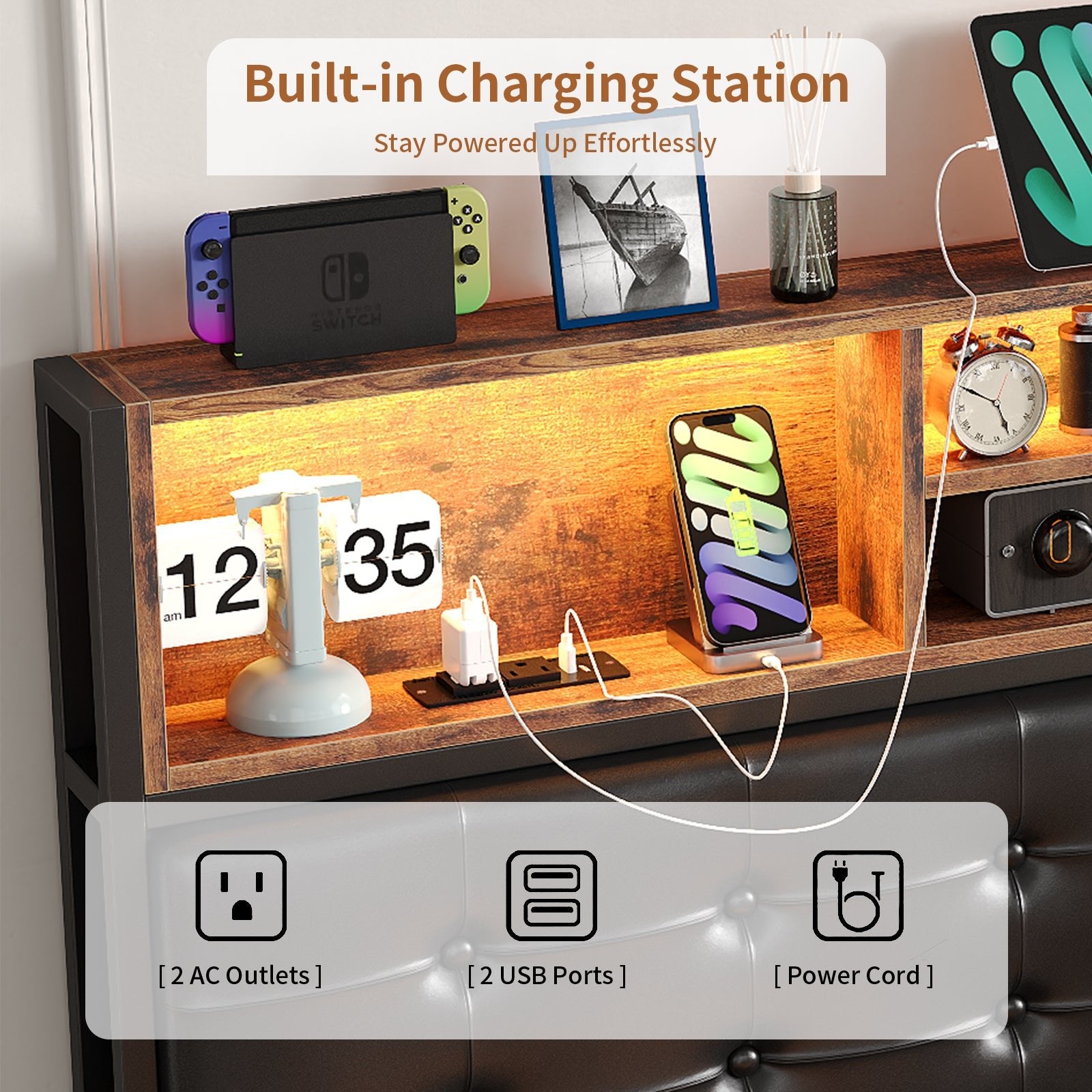 Yanosaku BF013 - BR Full/Queen/King Bed Frame with RGB LED Headboard, Charging, 6 Drawers, Upholstered, Heavy - Duty, Easy Assembly, No Box Spring - Yanosaku SotreFurnitureBF013-BR-3