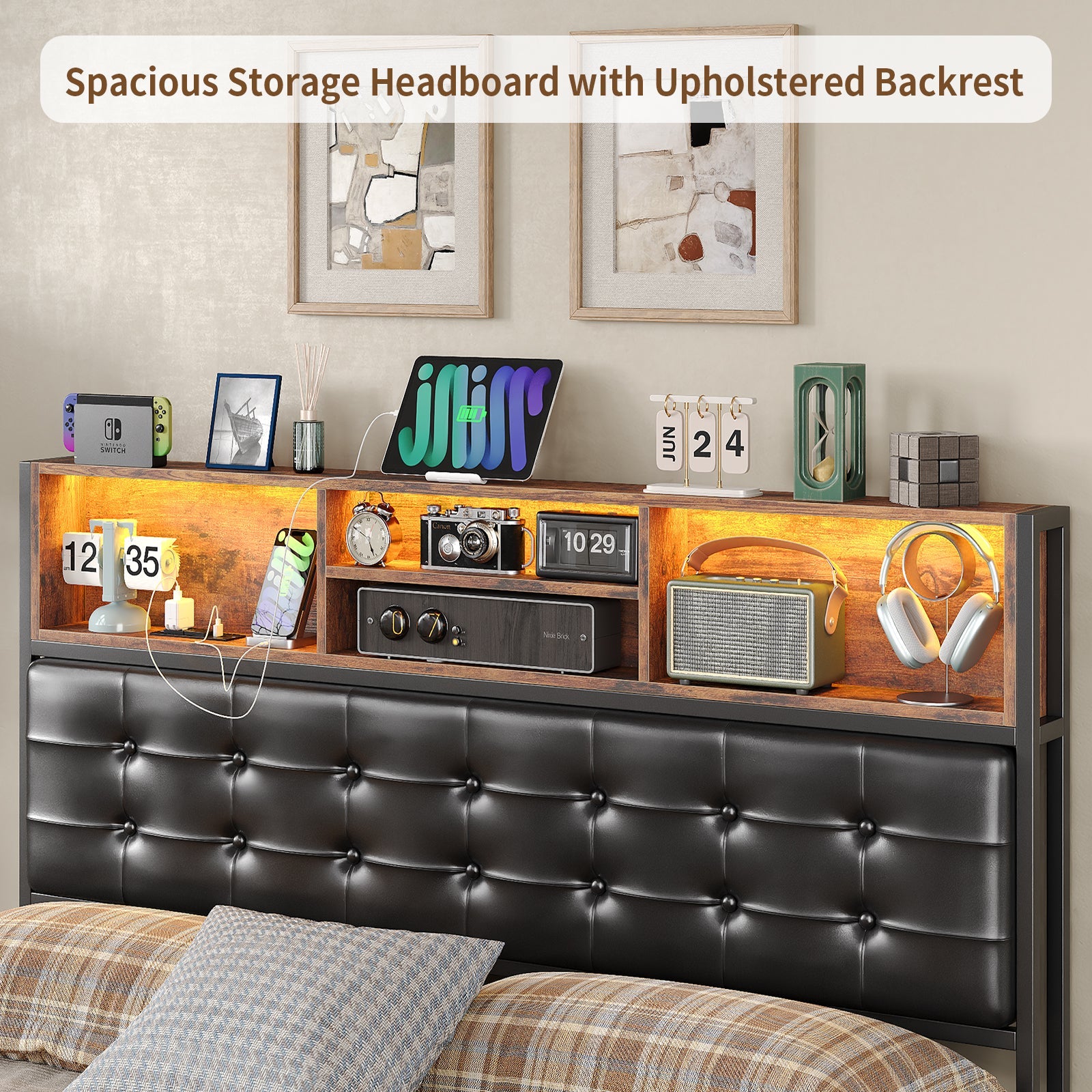 Yanosaku BF013 - BR Full/Queen/King Bed Frame with RGB LED Headboard, Charging, 6 Drawers, Upholstered, Heavy - Duty, Easy Assembly, No Box Spring - Yanosaku SotreFurnitureBF013-BR-3