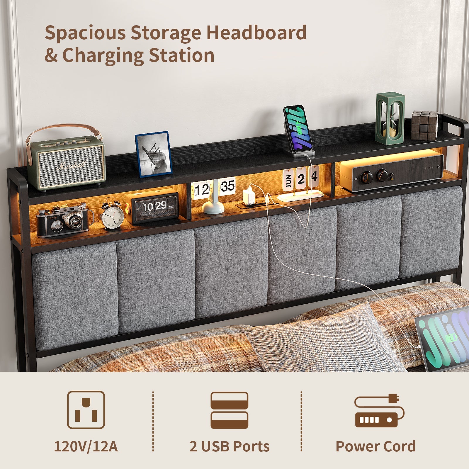 Yanosaku BF016 - BL Full/Queen Bed Frame with RGB LED Headboard, Charging Station, 2 Drawers, 2 USB & 2 AC Outlets, Easy Assembly, No Box Spring, Black - Yanosaku SotreFurnitureBF016-BL-2