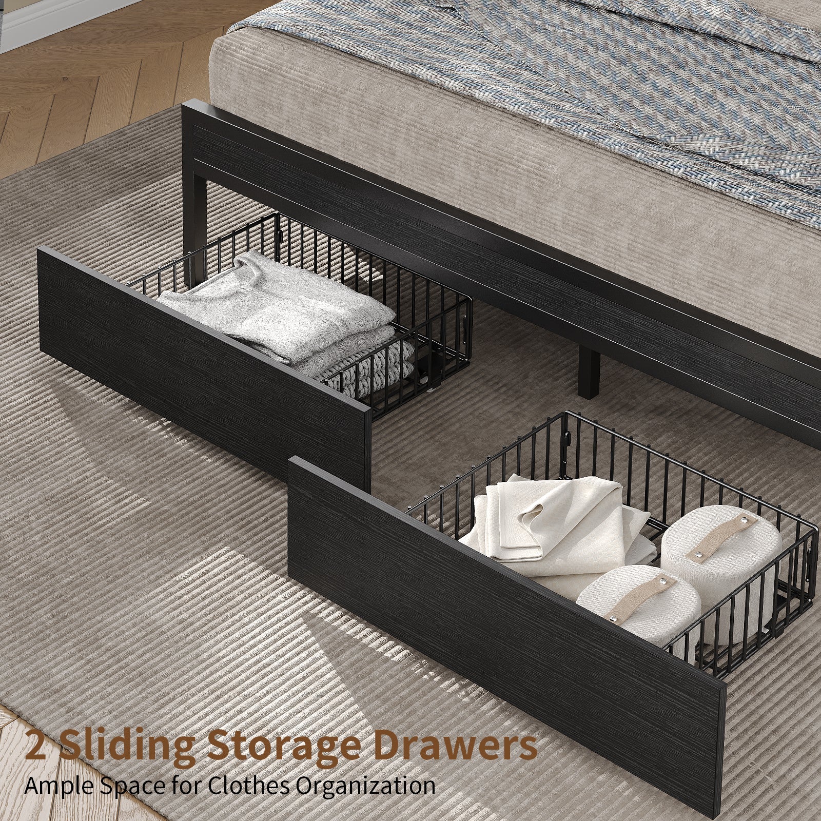 Yanosaku BF016 - BL Full/Queen Bed Frame with RGB LED Headboard, Charging Station, 2 Drawers, 2 USB & 2 AC Outlets, Easy Assembly, No Box Spring, Black - Yanosaku SotreFurnitureBF016-BL-2