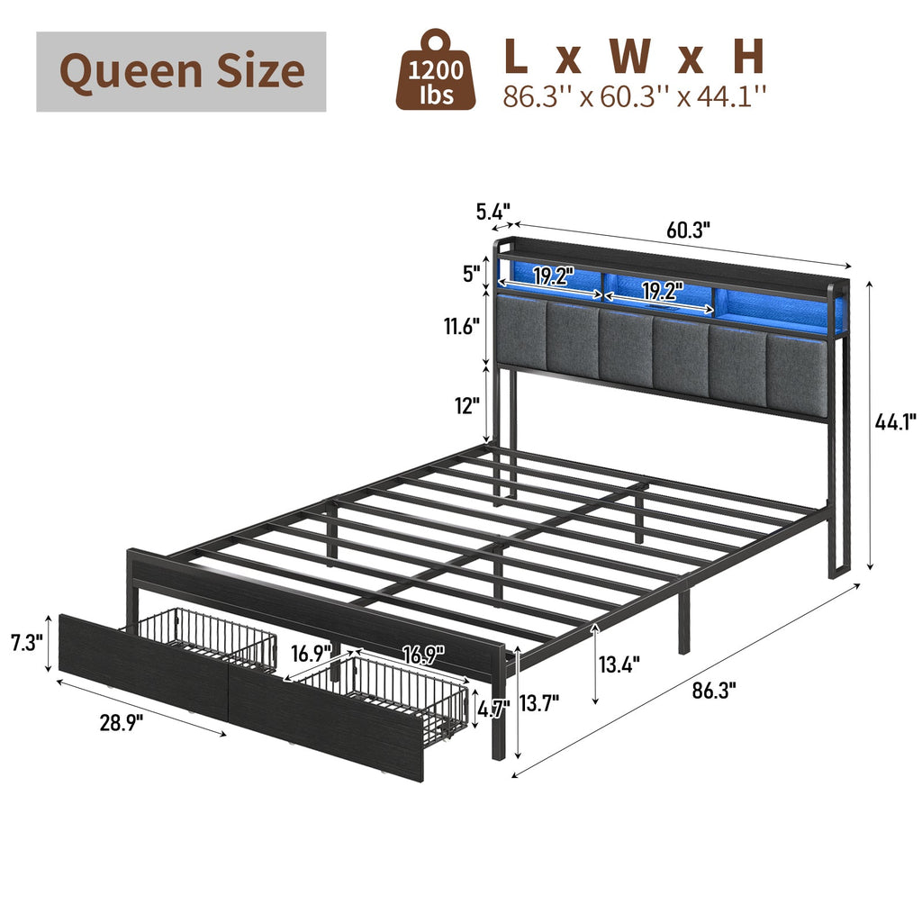 Yanosaku BF016 - BL Full/Queen Bed Frame with RGB LED Headboard, Charging Station, 2 Drawers, 2 USB & 2 AC Outlets, Easy Assembly, No Box Spring, Black - Yanosaku SotreFurnitureBF016-BL-1