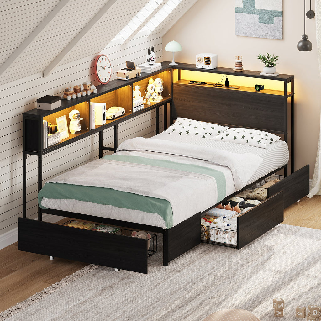 Yanosaku BF017 - BL - T Twin Corner Bed Frame with RGB LED Headboard, Charging Station & 3 Drawers, Metal Platform Daybed for Kids/Teens, Black - Yanosaku SotreFurnitureBF017-BL-T