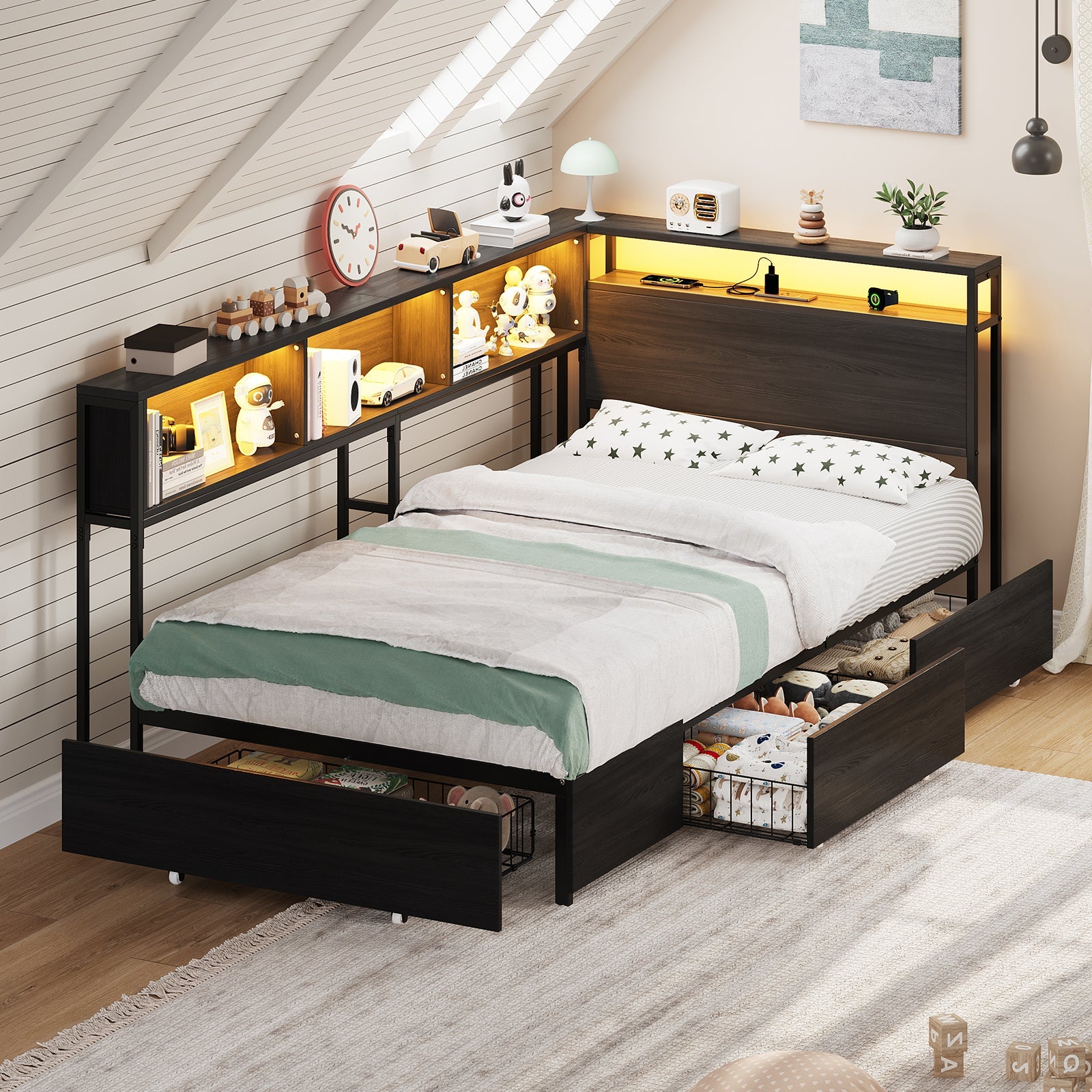 Yanosaku BF017 - BL - T Twin Corner Bed Frame with RGB LED Headboard, Charging Station & 3 Drawers, Metal Platform Daybed for Kids/Teens, Black - Yanosaku SotreFurnitureBF017-BL-T