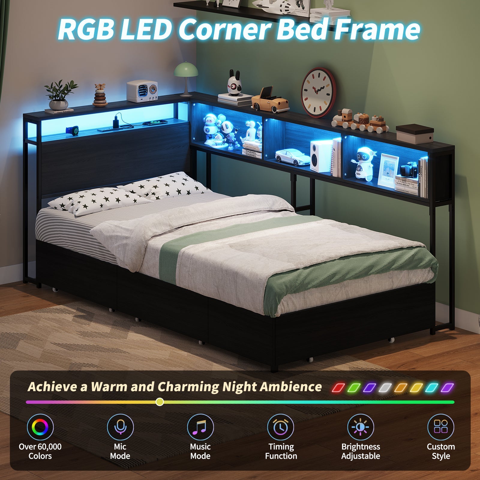 Yanosaku BF017 - BL - T Twin Corner Bed Frame with RGB LED Headboard, Charging Station & 3 Drawers, Metal Platform Daybed for Kids/Teens, Black - Yanosaku SotreFurnitureBF017-BL-T