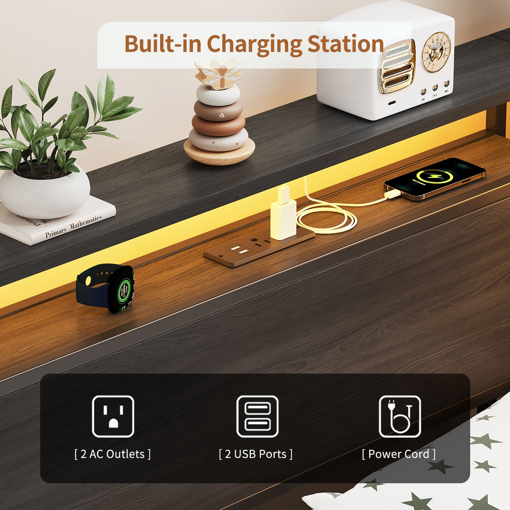 Yanosaku BF017 - BL - T Twin Corner Bed Frame with RGB LED Headboard, Charging Station & 3 Drawers, Metal Platform Daybed for Kids/Teens, Black - Yanosaku SotreFurnitureBF017-BL-T