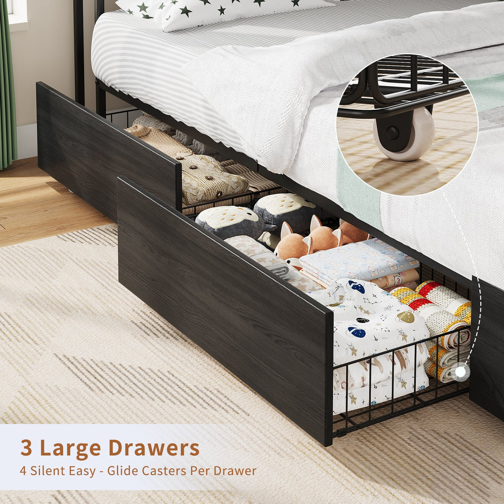 Yanosaku BF017 - BL - T Twin Corner Bed Frame with RGB LED Headboard, Charging Station & 3 Drawers, Metal Platform Daybed for Kids/Teens, Black - Yanosaku SotreFurnitureBF017-BL-T