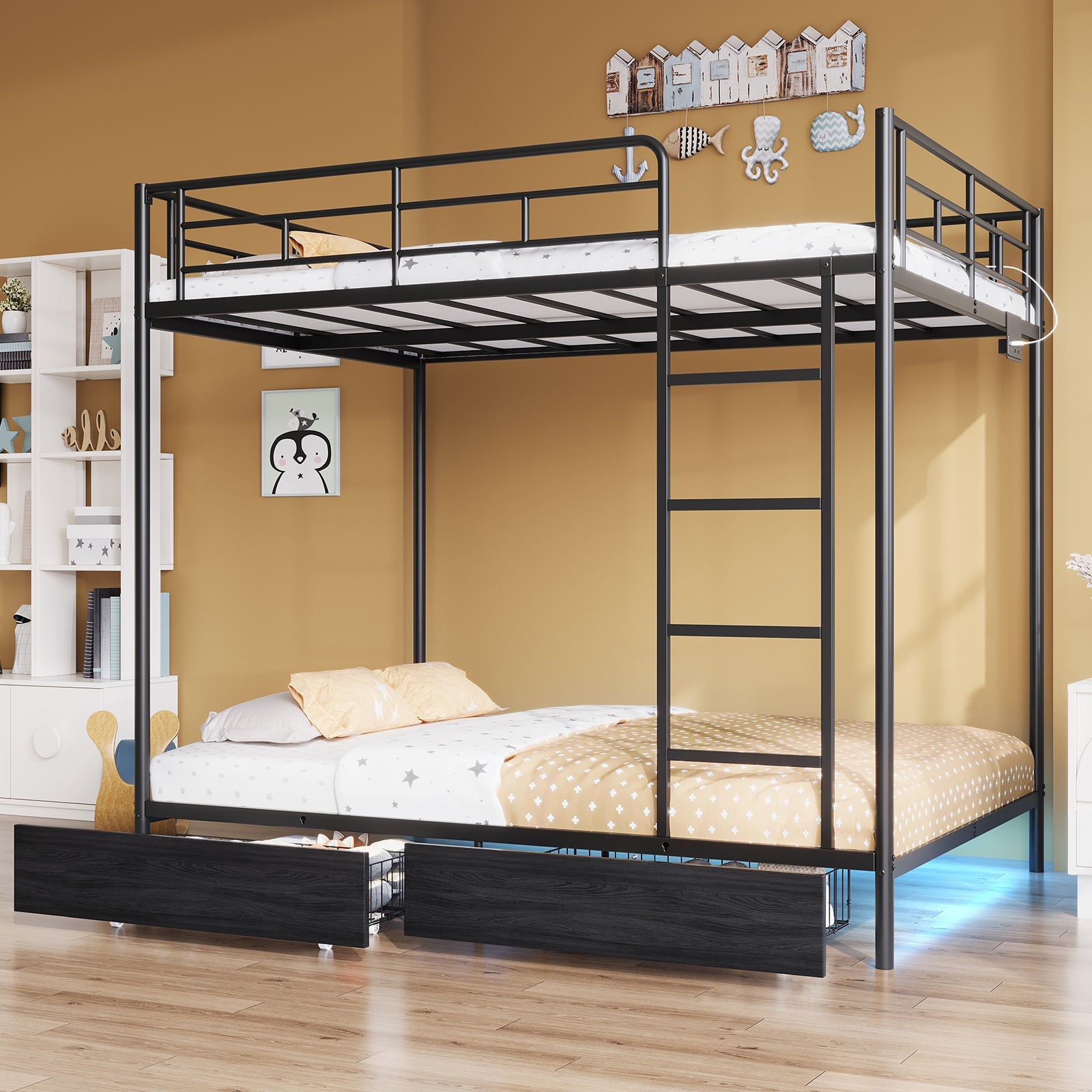 Yanosaku BF018 - BL Twin/Full Metal Bunk Bed with LED, Charging Station, 2 Drawers, Guard Rails & Ladder, No Box Spring, Black - Yanosaku SotreFurnitureBF018-BL-2