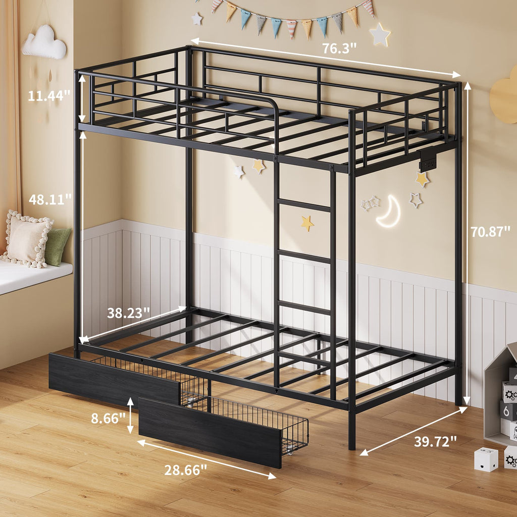 Yanosaku BF018 - BL Twin/Full Metal Bunk Bed with LED, Charging Station, 2 Drawers, Guard Rails & Ladder, No Box Spring, Black - Yanosaku SotreFurnitureBF018-BL-1