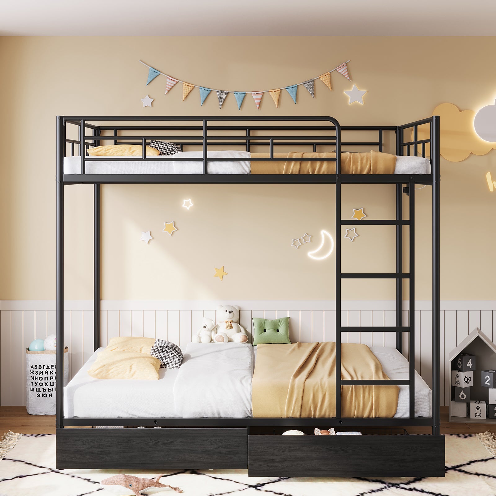 Yanosaku BF018 - BL Twin/Full Metal Bunk Bed with LED, Charging Station, 2 Drawers, Guard Rails & Ladder, No Box Spring, Black - Yanosaku SotreFurnitureBF018-BL-2