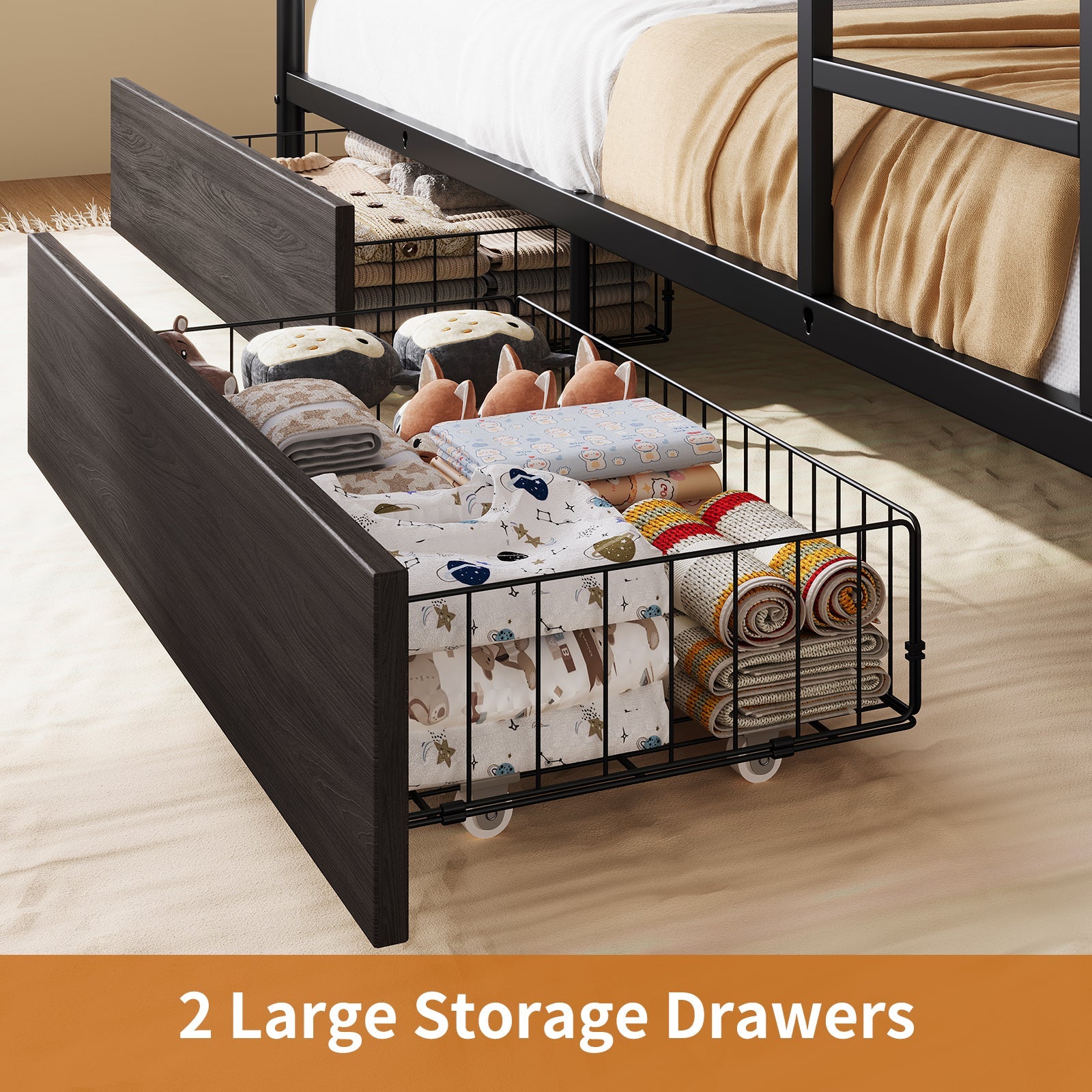 Yanosaku BF018 - BL Twin/Full Metal Bunk Bed with LED, Charging Station, 2 Drawers, Guard Rails & Ladder, No Box Spring, Black - Yanosaku SotreFurnitureBF018-BL-2