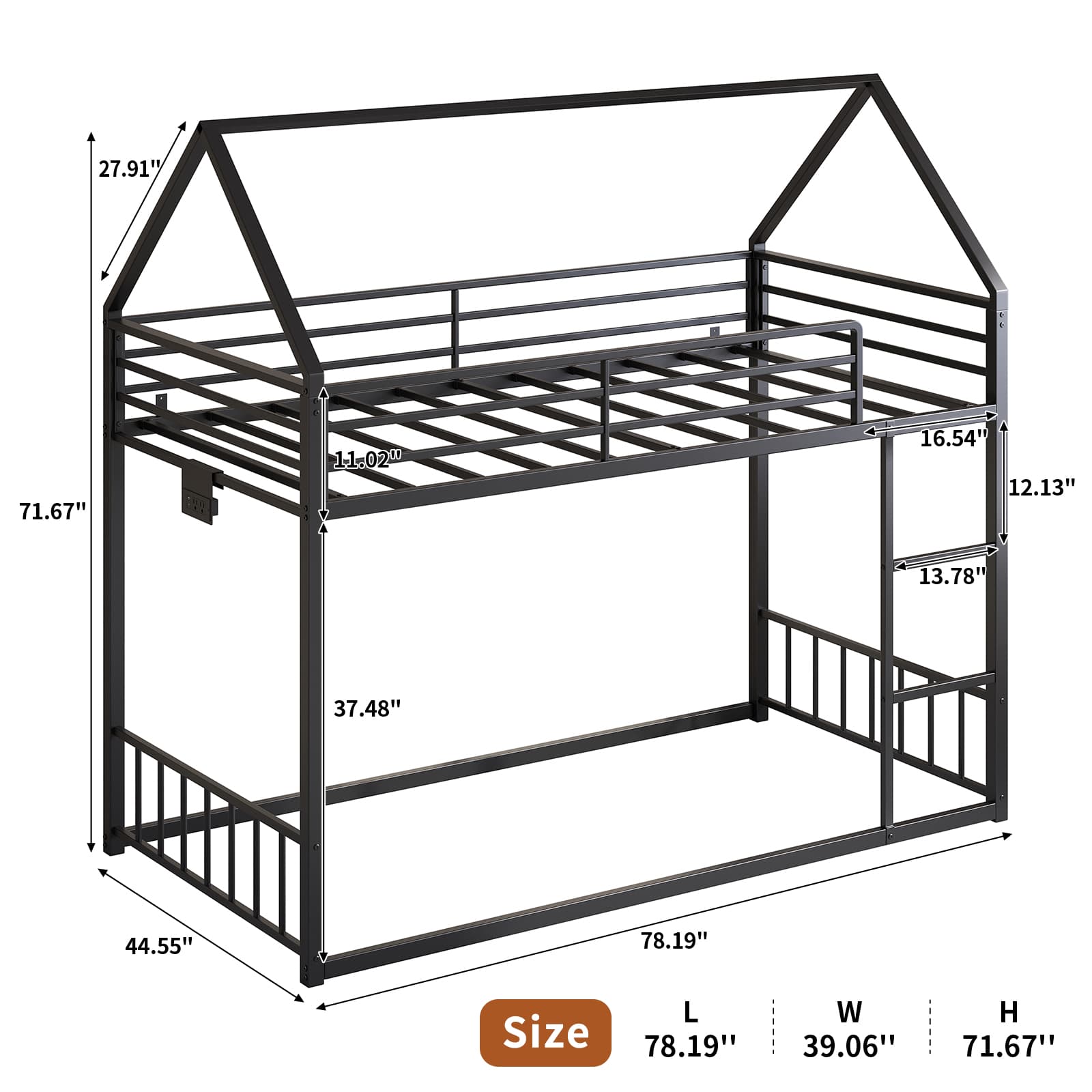 Yanosaku BF019 - BK - T Twin Bunk Bed Frame with Charging Station & RGB LED, Easy Assembly, Storage Space, House Metal Frame with Ladder - Yanosaku SotreFurnitureBF019-BK-T