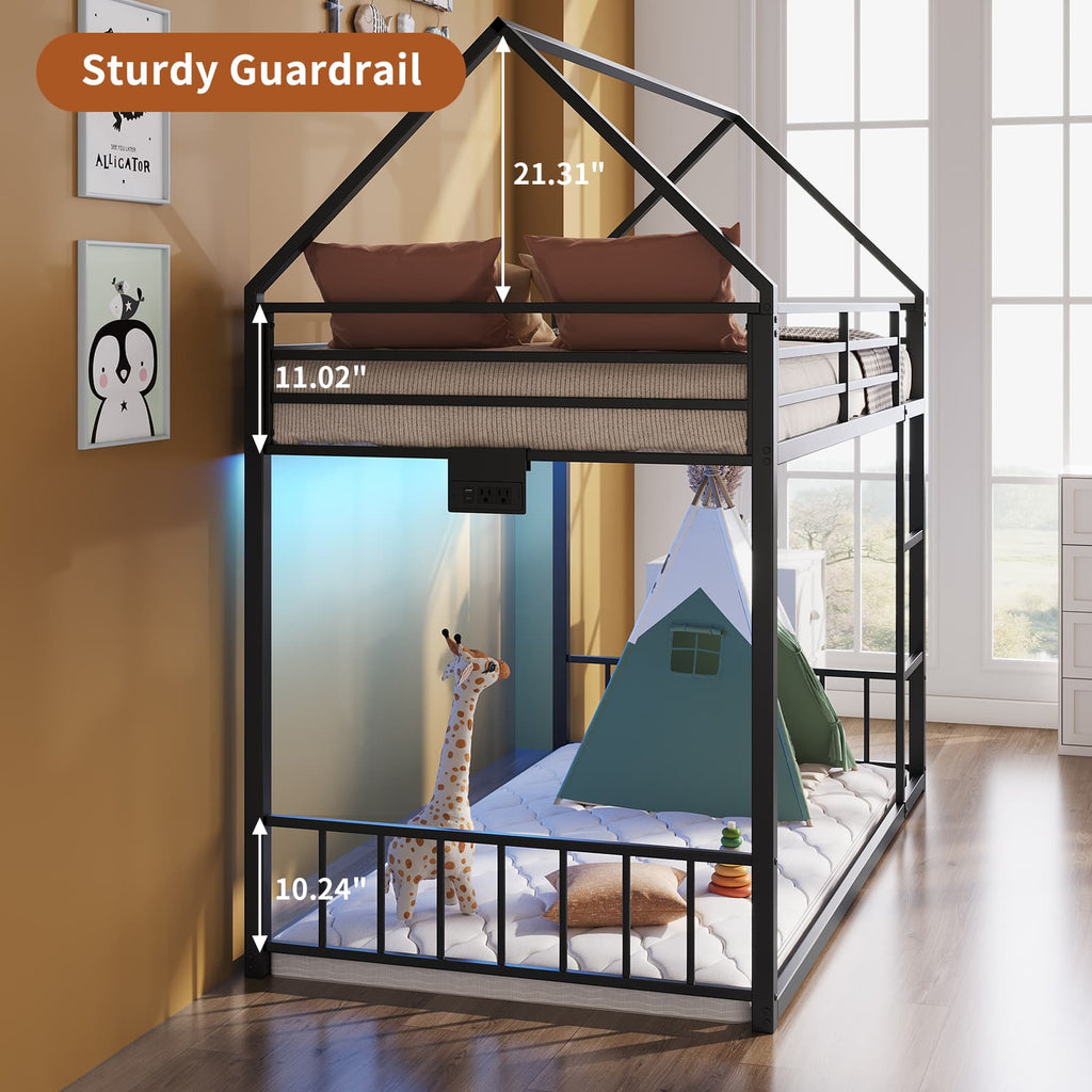 Yanosaku BF019 - BK - T Twin Bunk Bed Frame with Charging Station & RGB LED, Easy Assembly, Storage Space, House Metal Frame with Ladder - Yanosaku SotreFurnitureBF019-BK-T