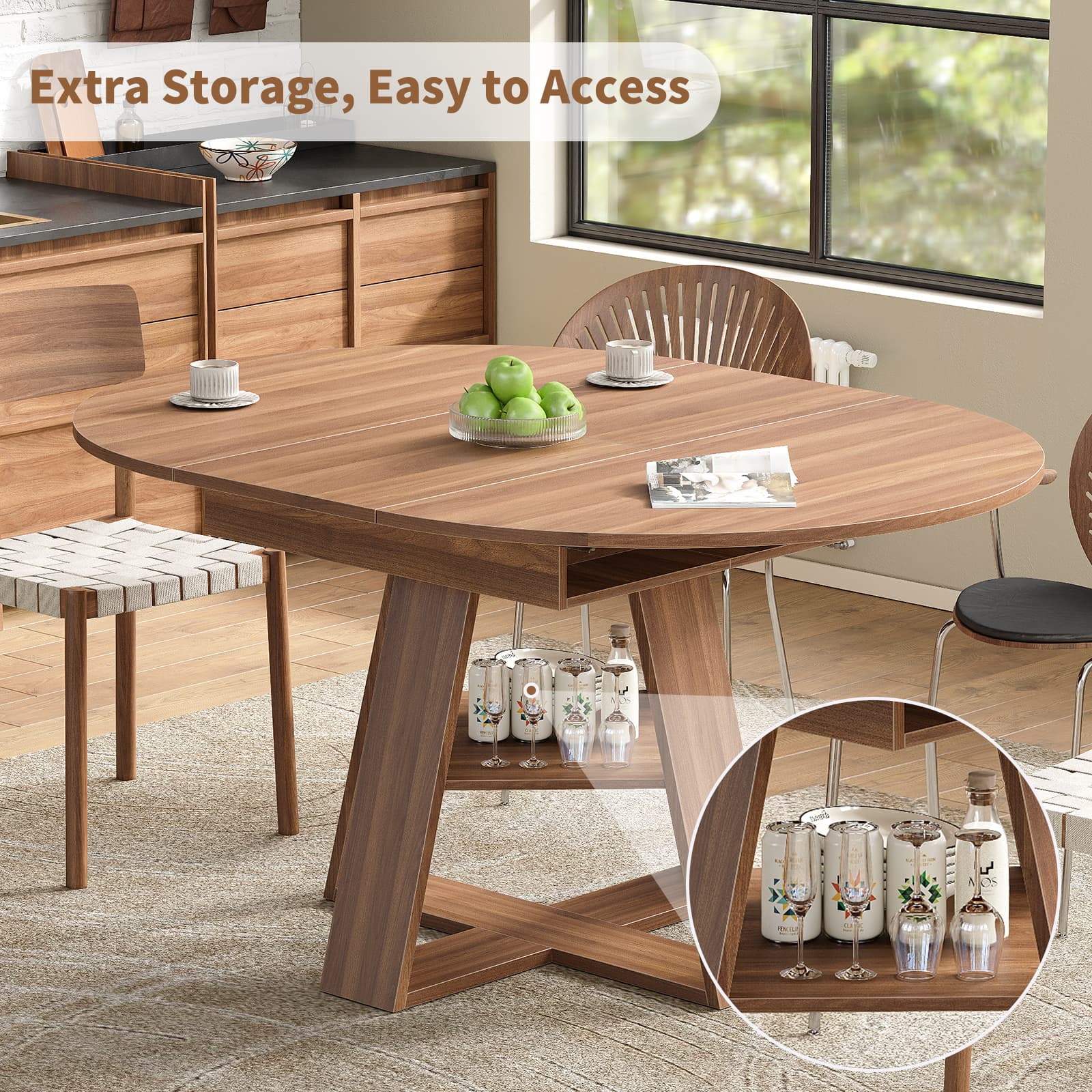 Yanosaku DT003 43.3" - 59" Extendable Round Table 4–8, Modern Farmhouse - Yanosaku SotreFurnitureDT003-WA