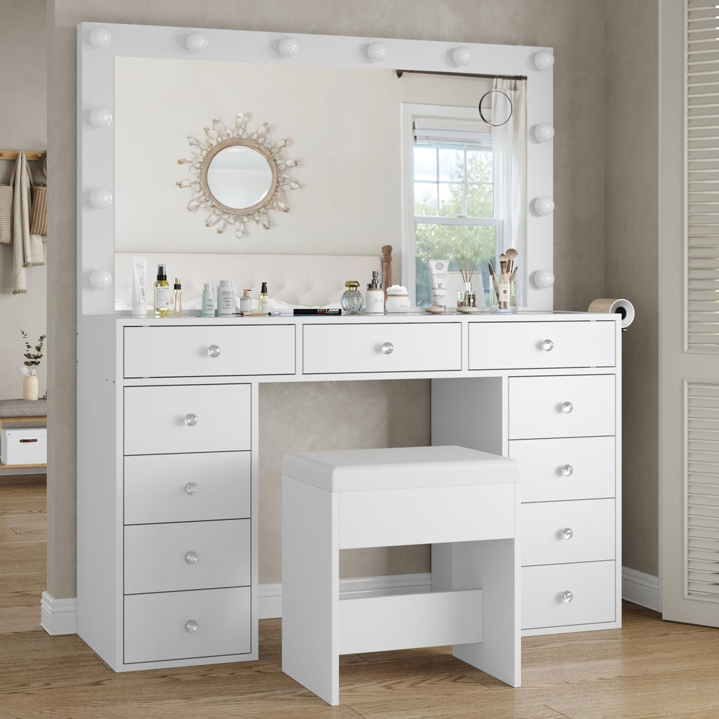 Yanosaku Modern White Makeup Vanity Set Table with Stool & LED Mirror 11 Drawers Luxury - Yanosaku SotreFurnitureVD003 - WH