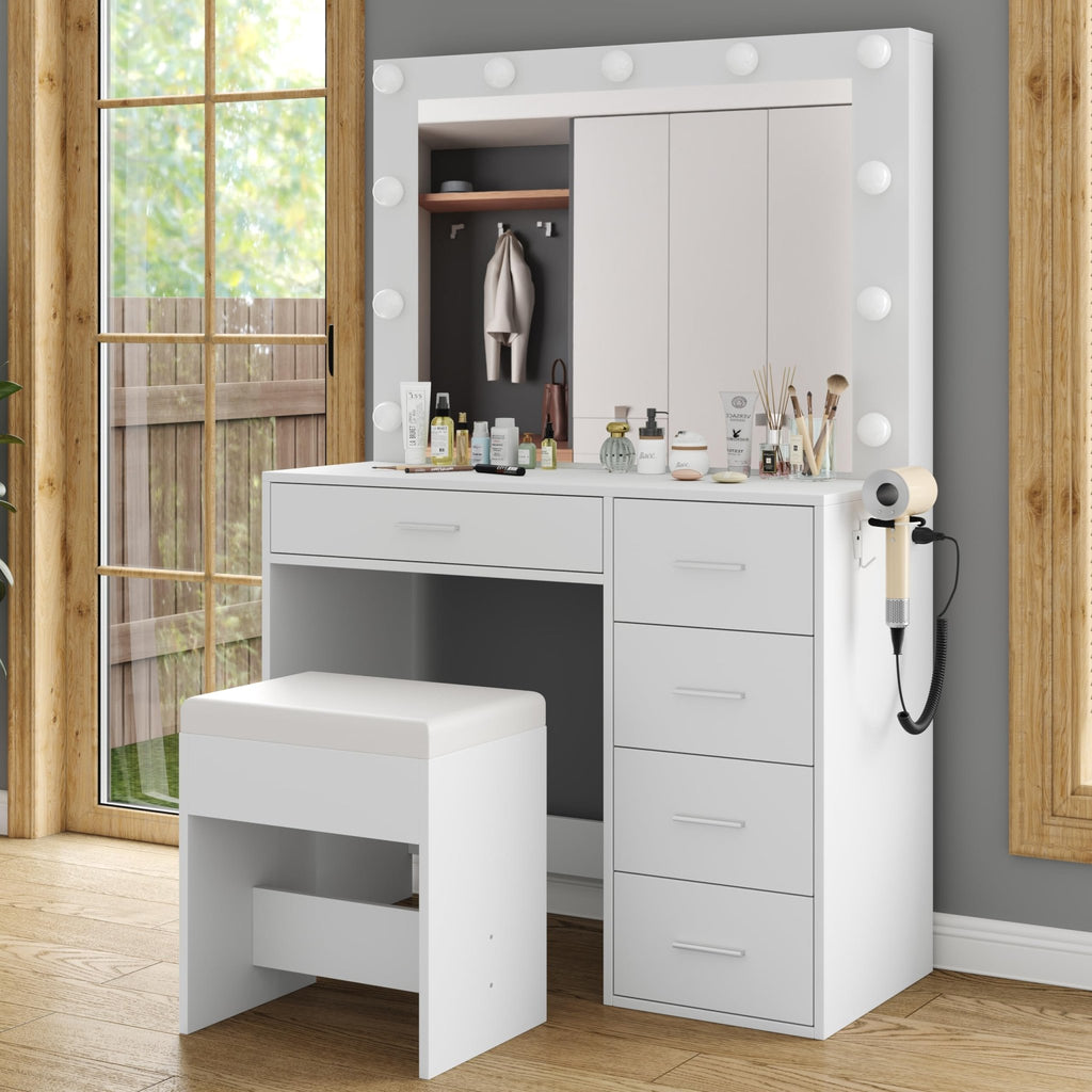 Yanosaku Modern White Makeup Vanity Set Table with Stool & LED Mirror 5 Drawers - Yanosaku SotreFurnitureVD001 - WH
