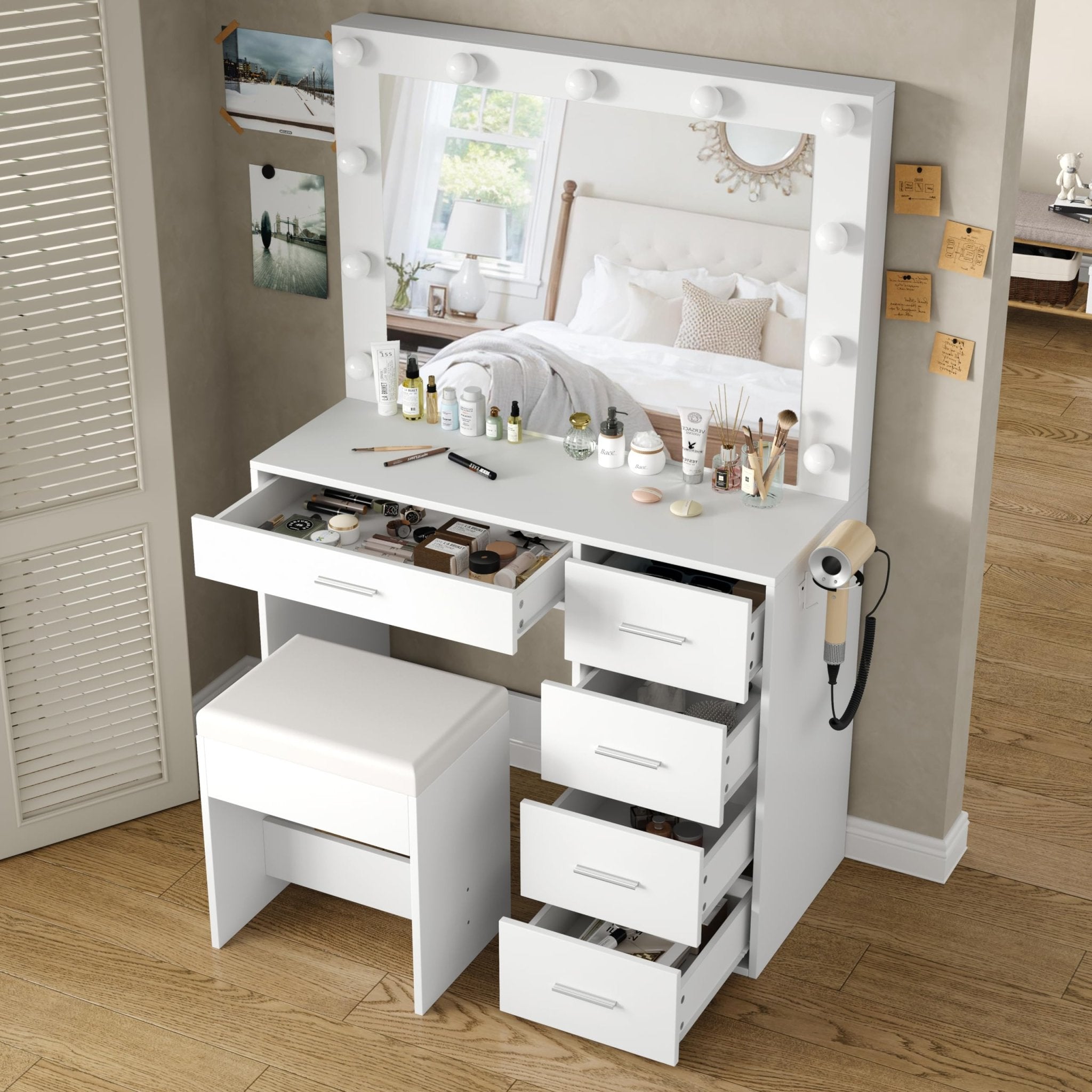Yanosaku Modern White Makeup Vanity Set Table with Stool & LED Mirror 5 Drawers - Yanosaku SotreFurnitureVD001 - WH