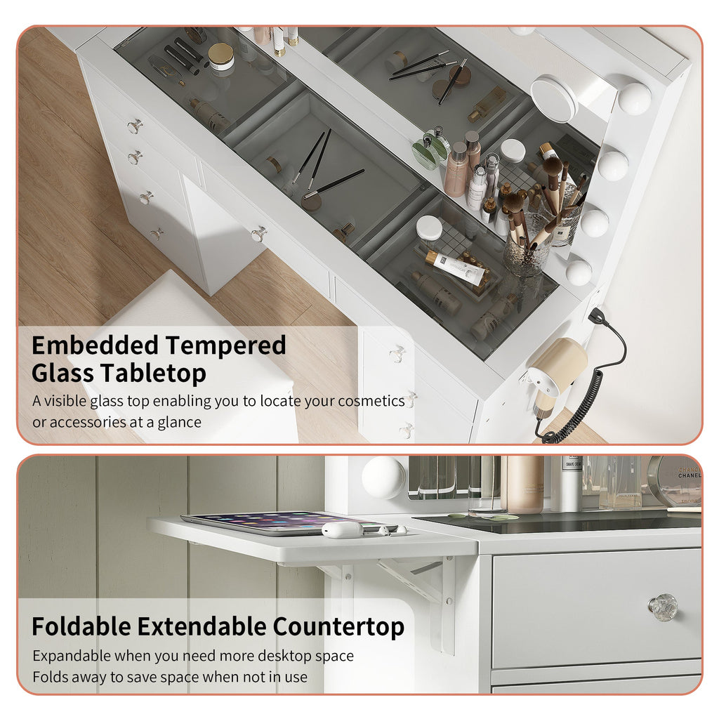 Yanosaku Modern White Makeup Vanity Set Table with Stool & LED Mirror 9 Drawers Luxury - Yanosaku SotreFurniture