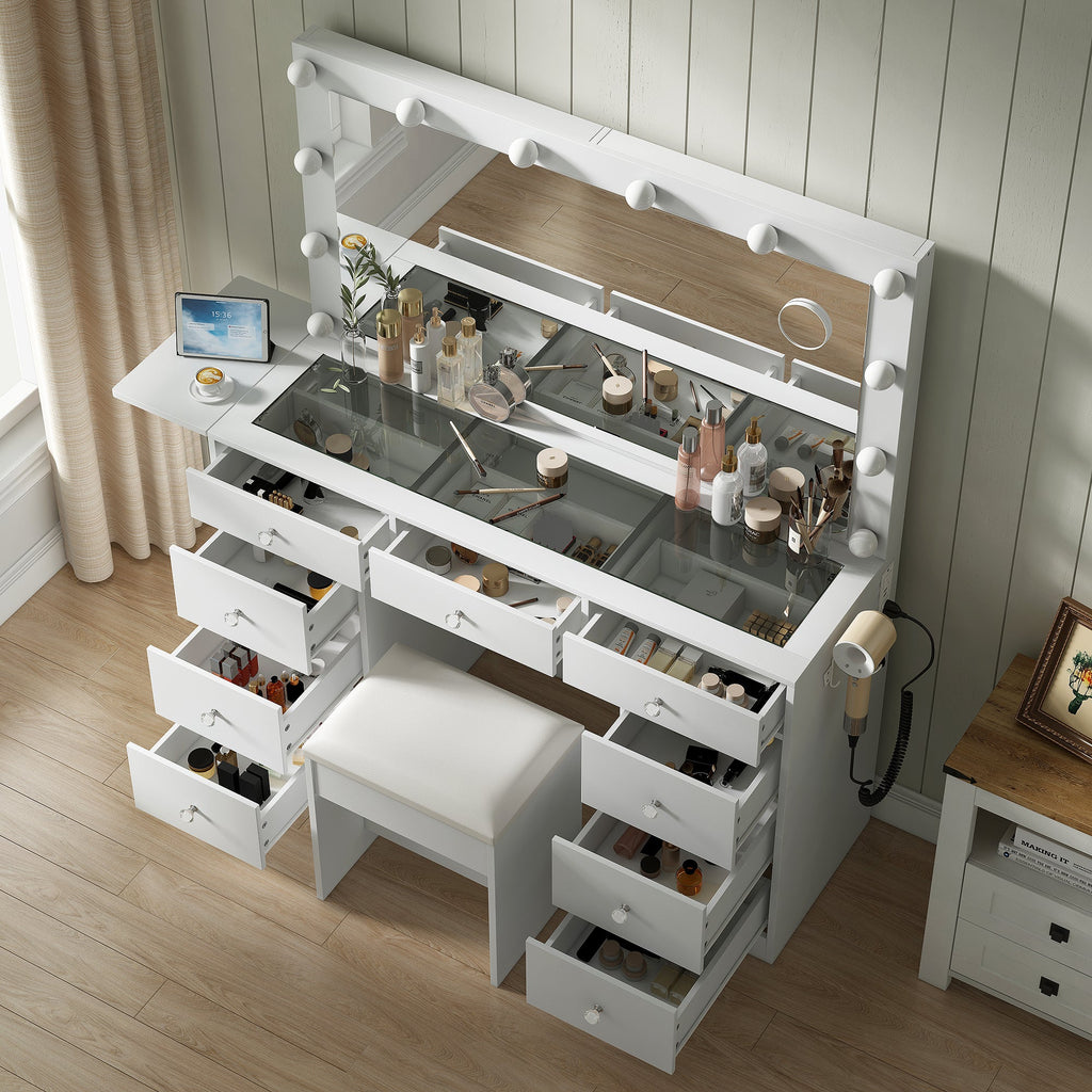 Yanosaku Modern White Makeup Vanity Set Table with Stool & LED Mirror 9 Drawers Luxury - Yanosaku SotreFurniture