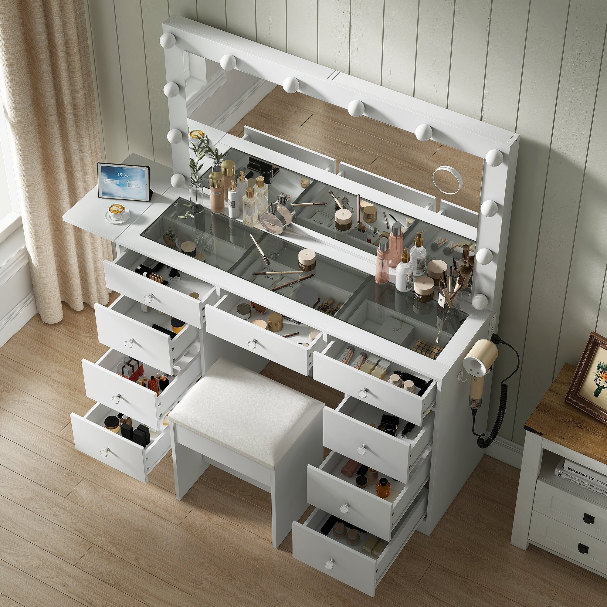 Yanosaku Modern White Makeup Vanity Set Table with Stool & LED Mirror 9 Drawers Luxury - Yanosaku SotreFurniture