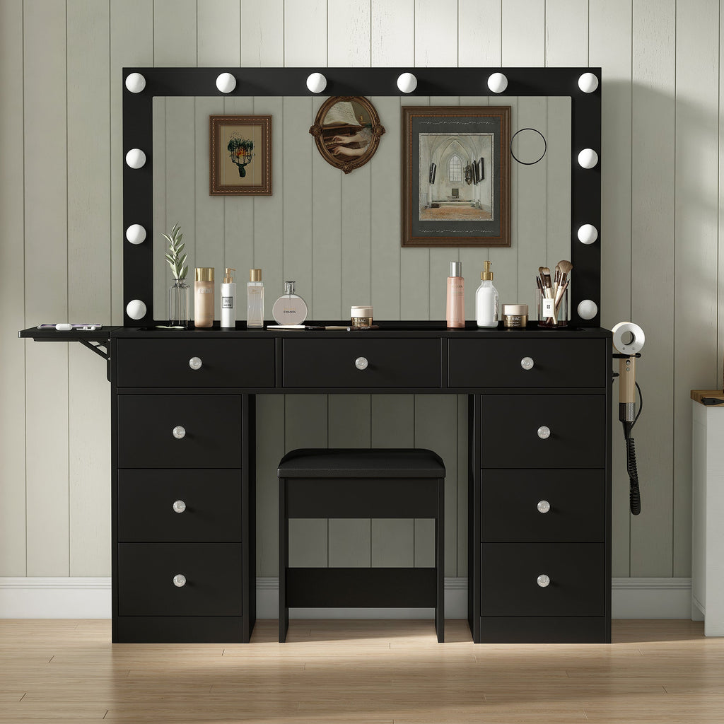 Yanosaku Modern White Makeup Vanity Set Table with Stool & LED Mirror 9 Drawers Luxury - Yanosaku SotreFurniture