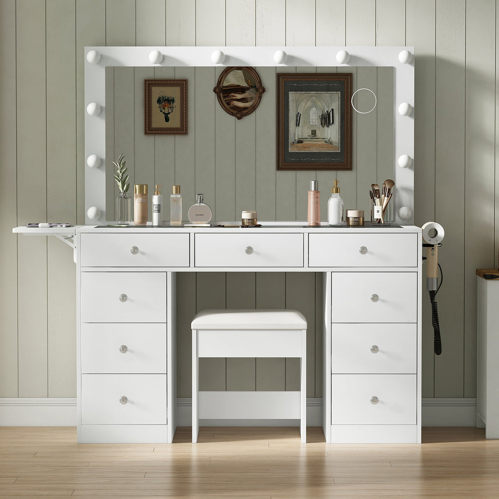 Yanosaku Modern White Makeup Vanity Set Table with Stool & LED Mirror 9 Drawers Luxury - Yanosaku SotreFurniture